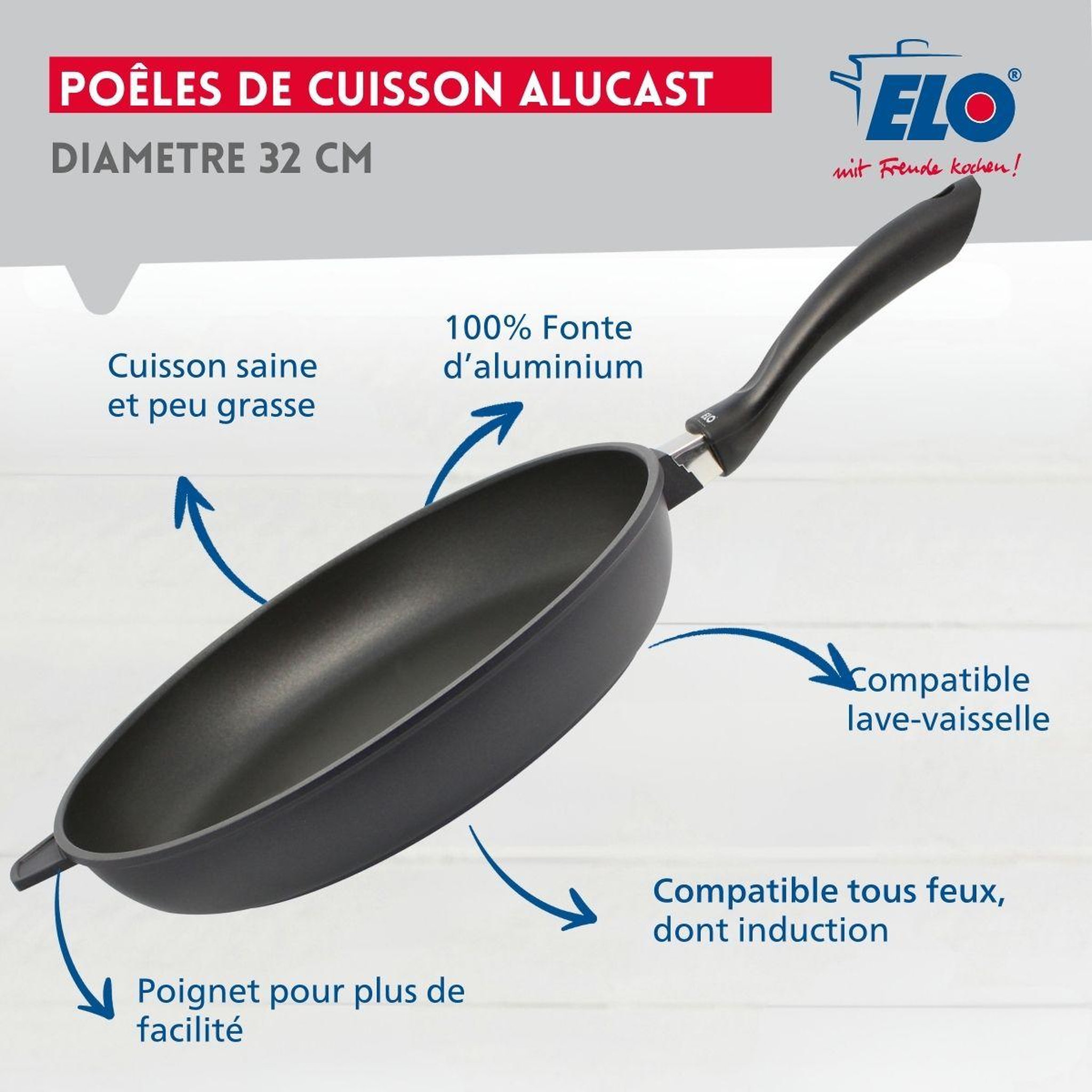 Voir la diapositive 2 : ELO Poêle à frire 32 cm avec couvercle en verre sans PFAS Elo Alucast