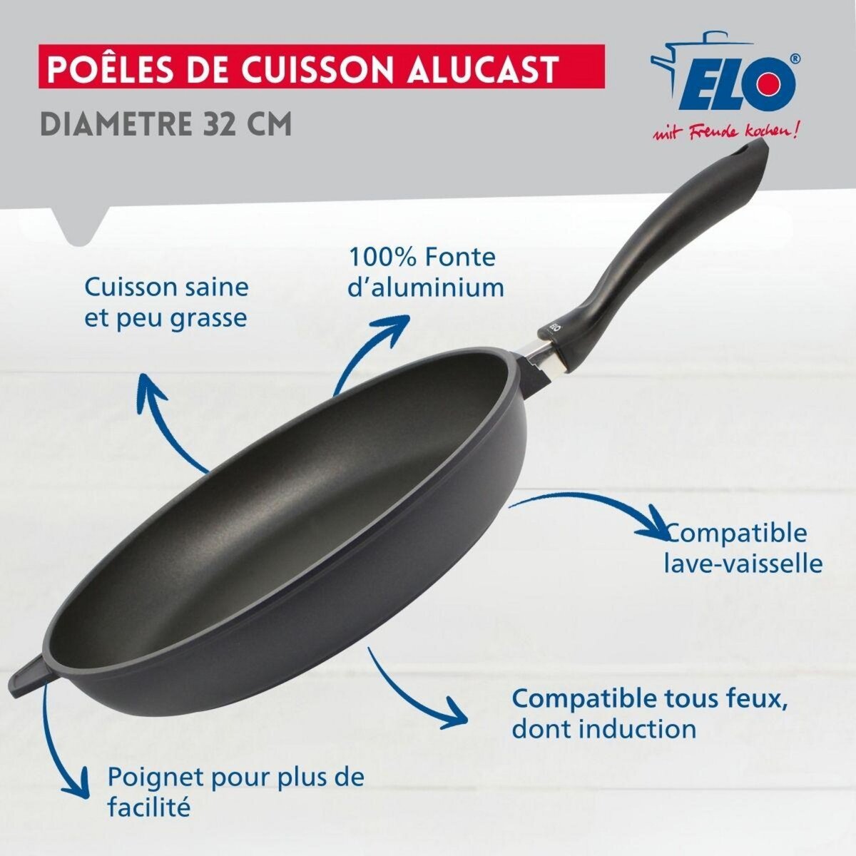 ELO Poêle à frire 32 cm avec couvercle en verre sans PFAS Elo Alucast