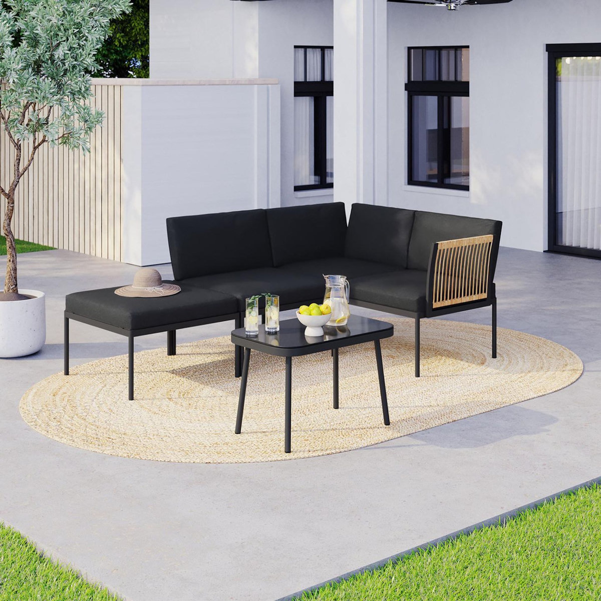 ID MARKET Salon de jardin bas RIO 4 places modulable structure métal noir, cordage effet rotin clair avec coussins noirs et table basse
