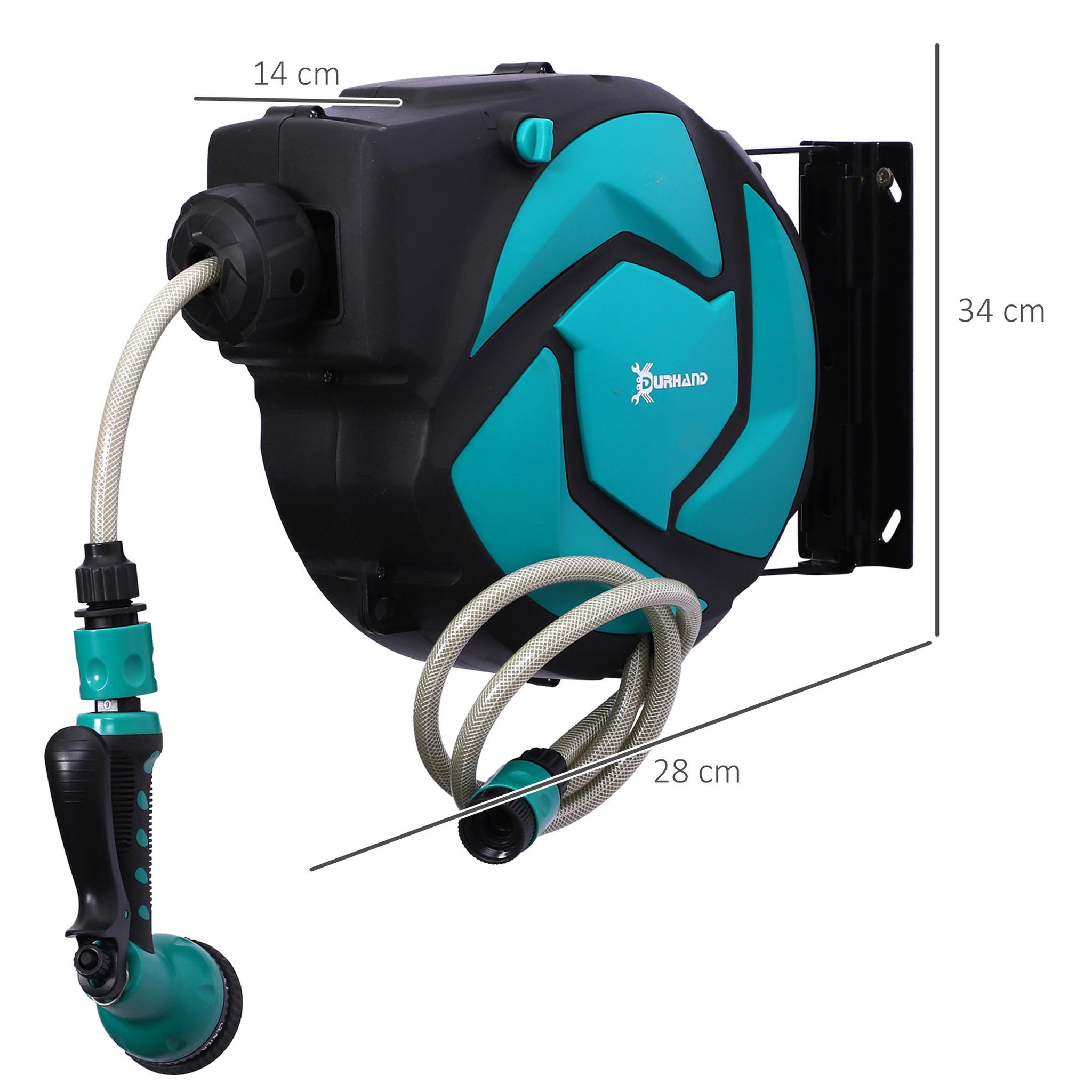 Voir la diapositive 3 : OUTSUNNY Dévidoir mural enrouleur automatique pivotant 180° tuyau 10 + 1 m avec lance arrosage support mural intégré turquoise noir
