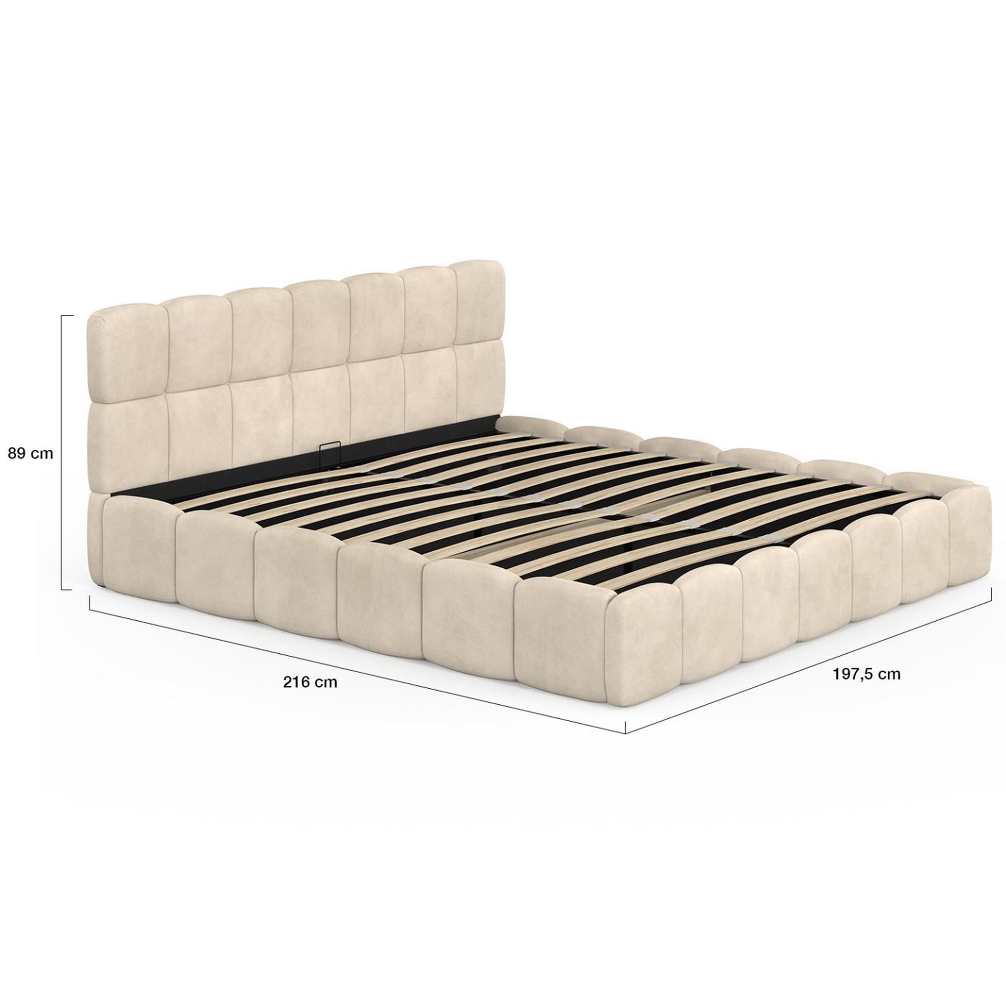 Voir la diapositive 5 : ID MARKET Lit coffre double nuage avec tête de lit matelassée et sommier 180 x 200 cm velours beige