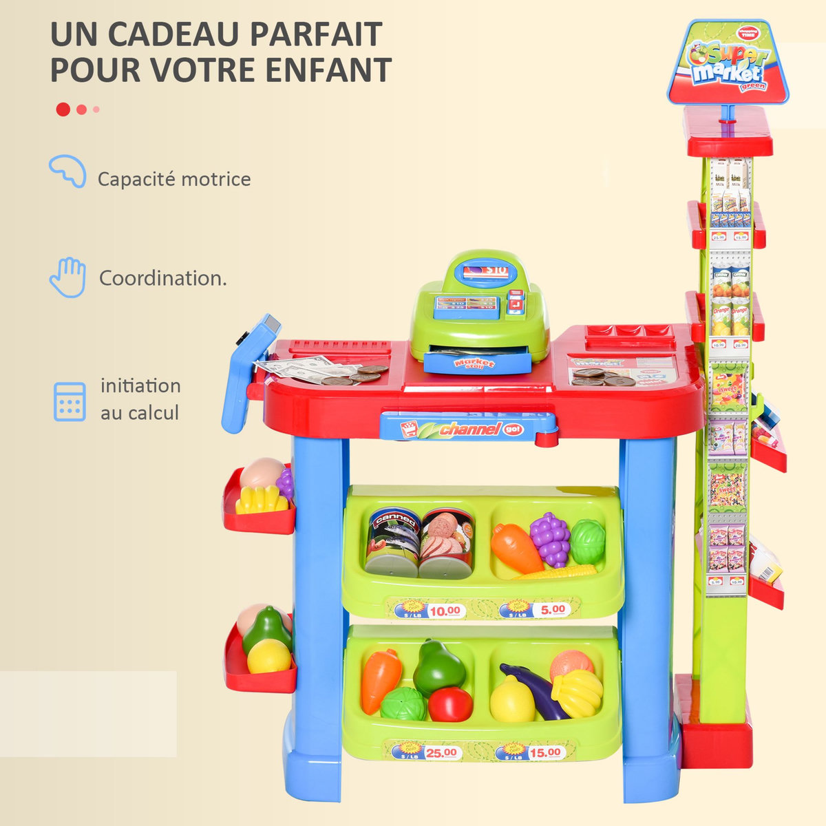 HOMCOM Jeu d'imitation commerçant jeu de la marchande caddie + caisse enregistreuse et 45 accessoires inclus effets lumineux sonores