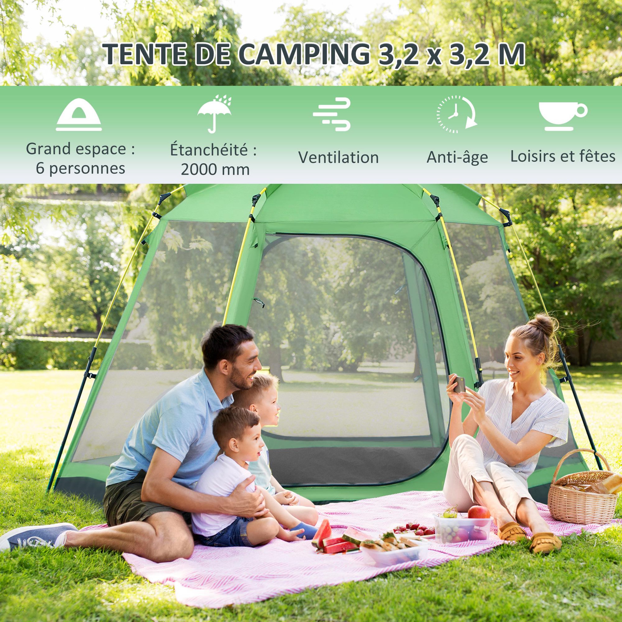 Voir la diapositive 4 : OUTSUNNY Tente de camping familiale 6 personnes montage instantanée Pop-up 4 fenêtres 2 portes dim. 320L x 320l x 176H cm fibre verre polyester vert gris