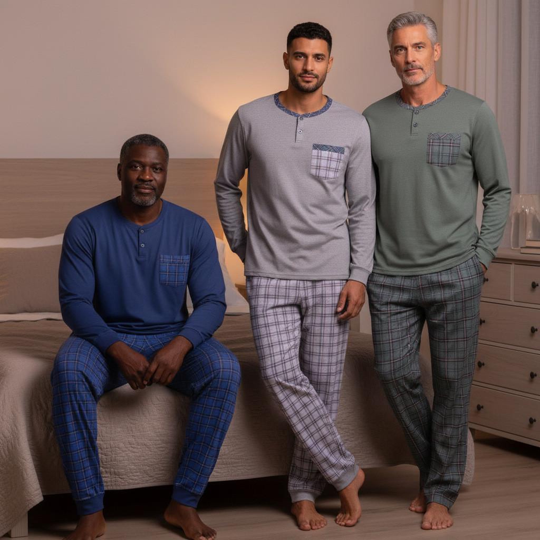 Voir la diapositive 4 : OZABI OZABI Pyjama Homme Long Pack de 3, Coton Doublé Polaire, Col Boutonné
