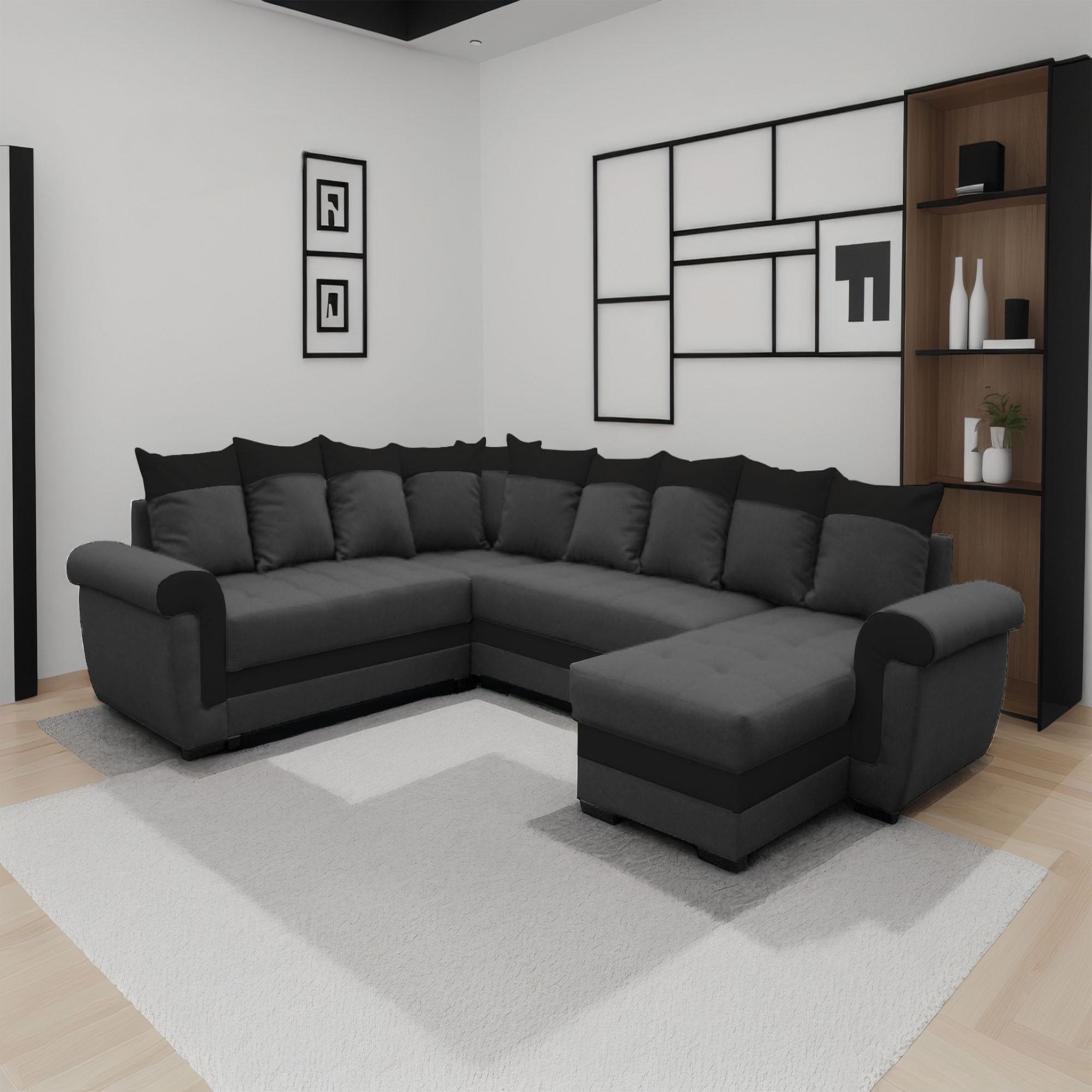 BEST MOBILIER Henry - canapé panoramique d'angle réversible - 7 places - convertible avec coffre - en tissu et pu. Coloris disponibles : Bicolore