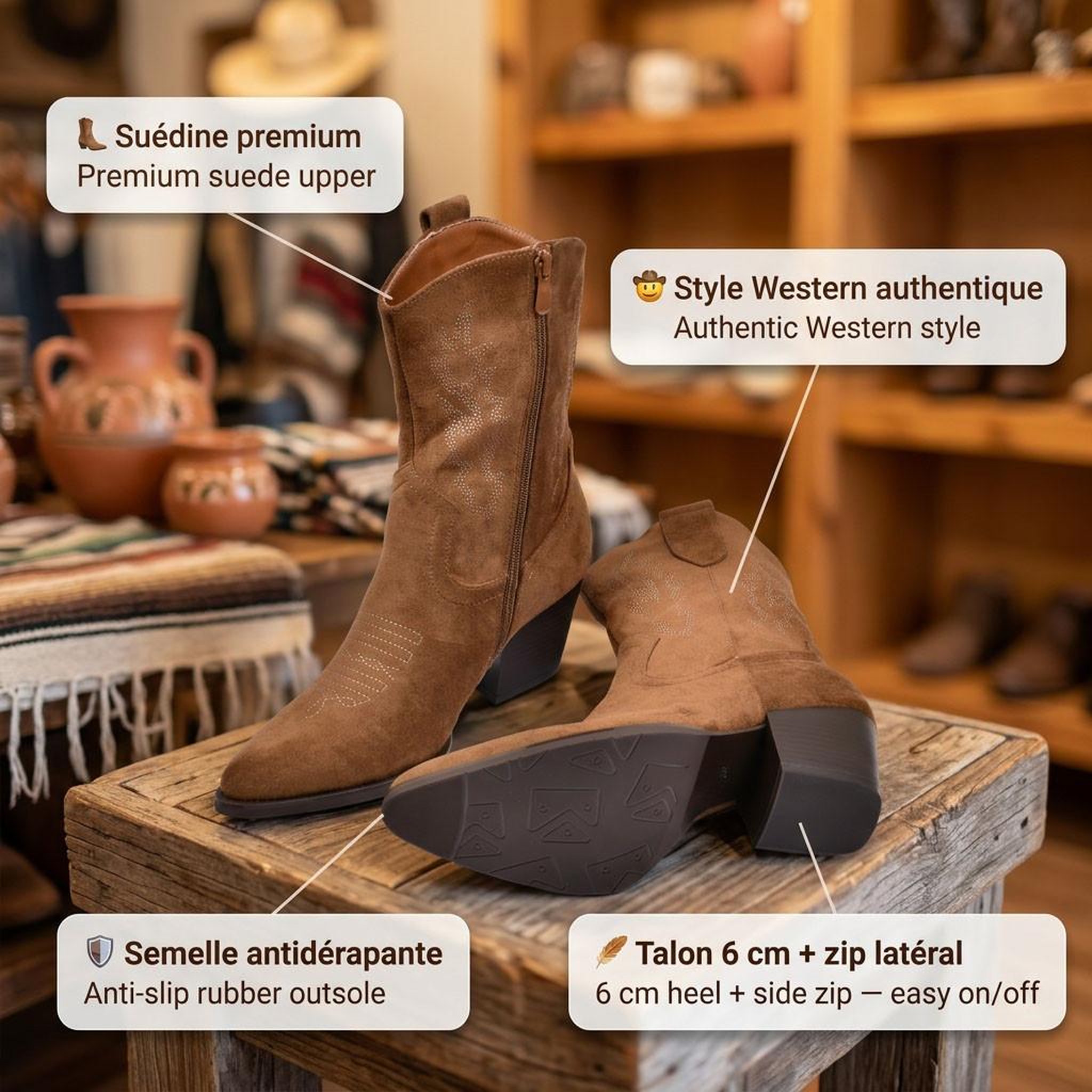 Voir la diapositive 4 : OZABI OZABI Bottines Santiag Femme Suédine Talon Bloc 6 cm Bout Pointu Mi-Mollet