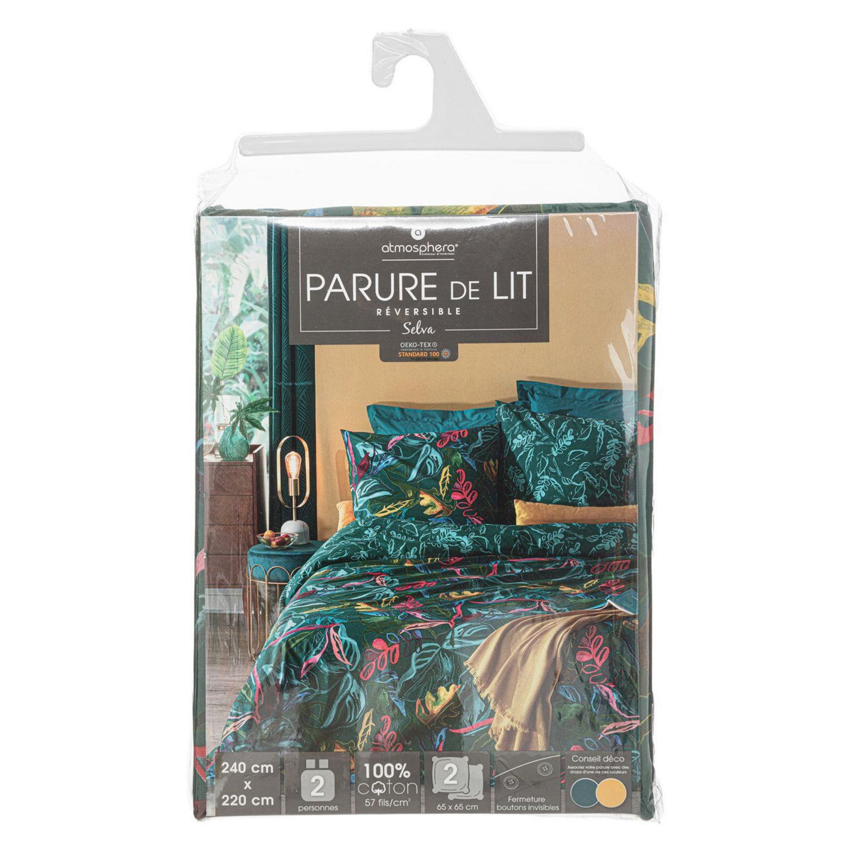 ATMOSPHERA Parure de lit 2 places en coton imprimé Selva - 240x220 cm - Bleu