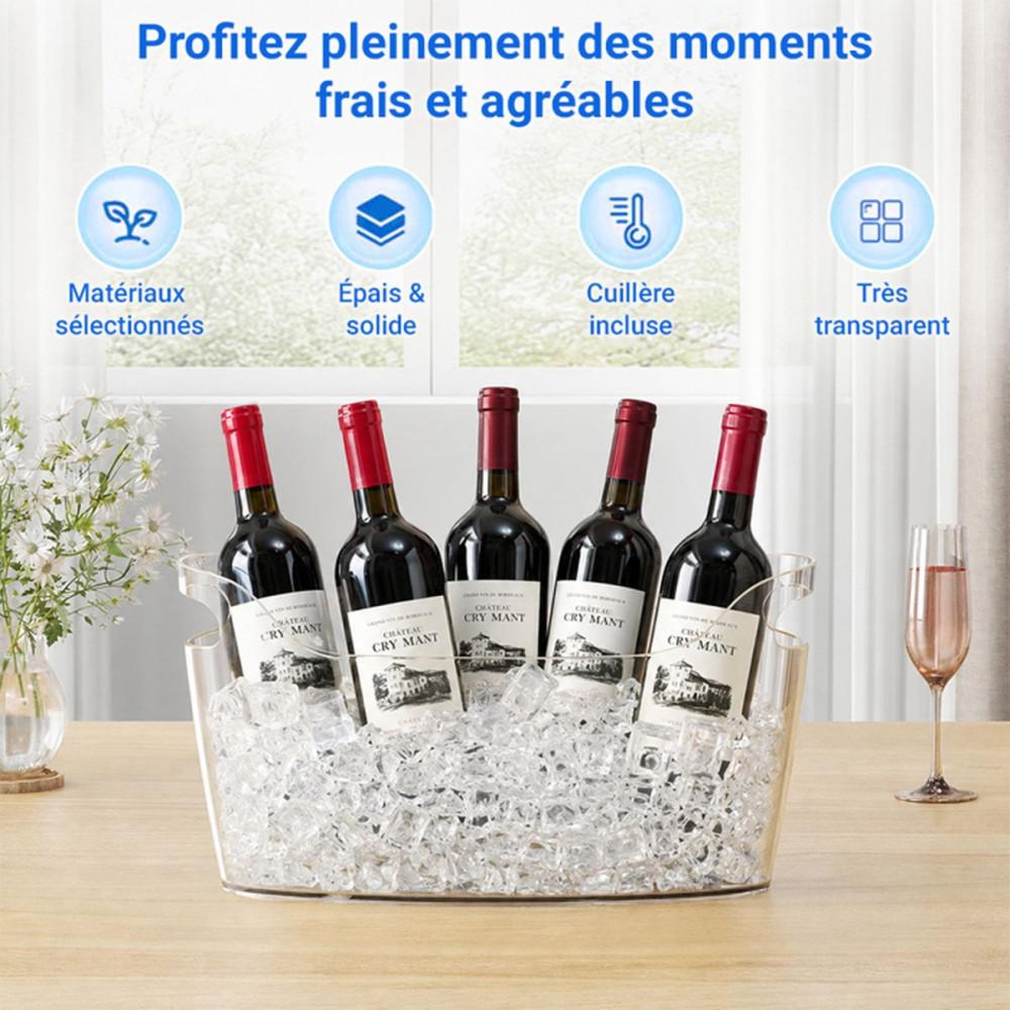 Voir la diapositive 3 : Seau à champagne transparent en plastique robuste, capacité jusqu'à 3 bouteilles, 34 x 26 x 24 cm