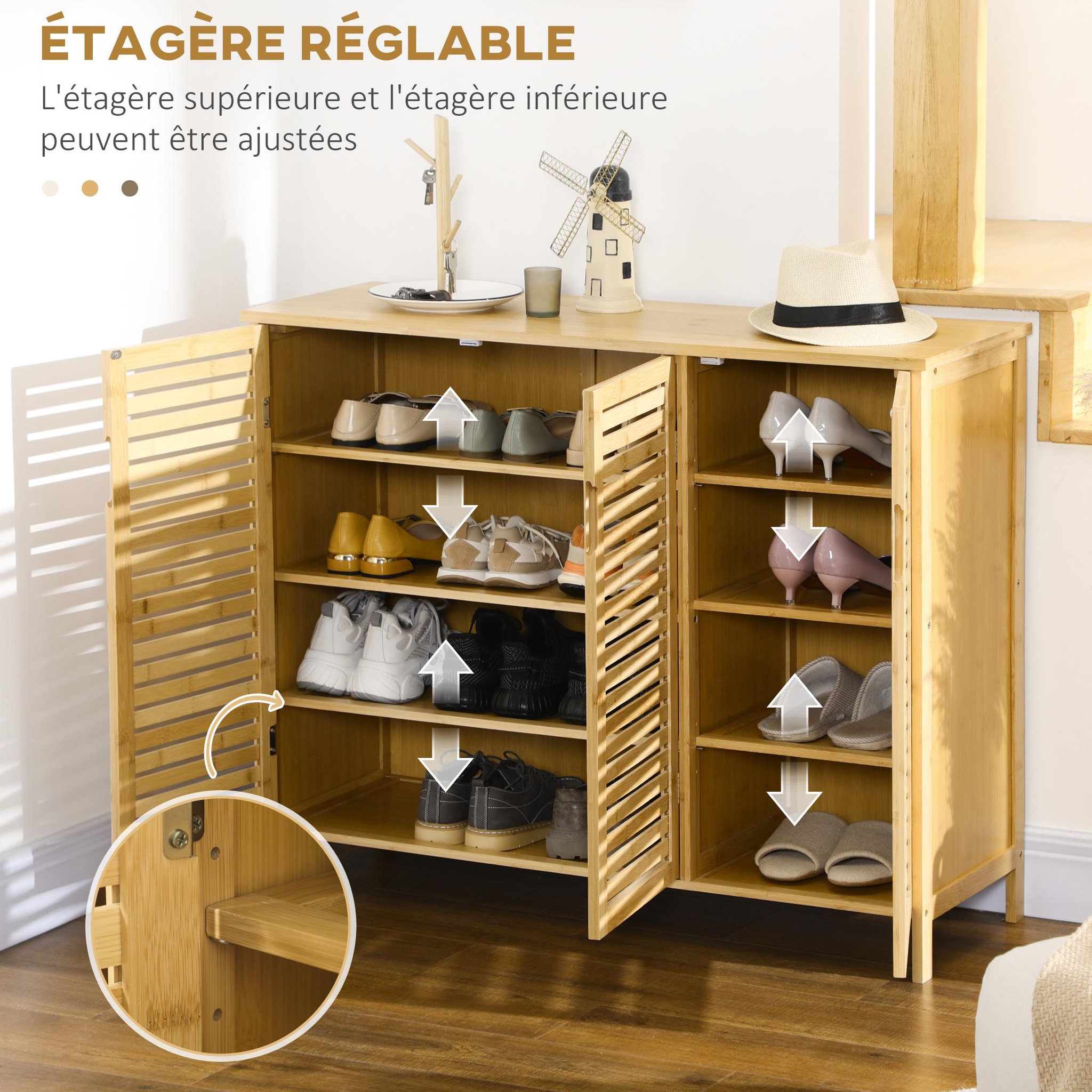 Voir la diapositive 6 : HOMCOM Meuble à chaussures style cosy chic - 3 portes, 6 étagères - portes à lattes, poignées invisibles - bambou verni