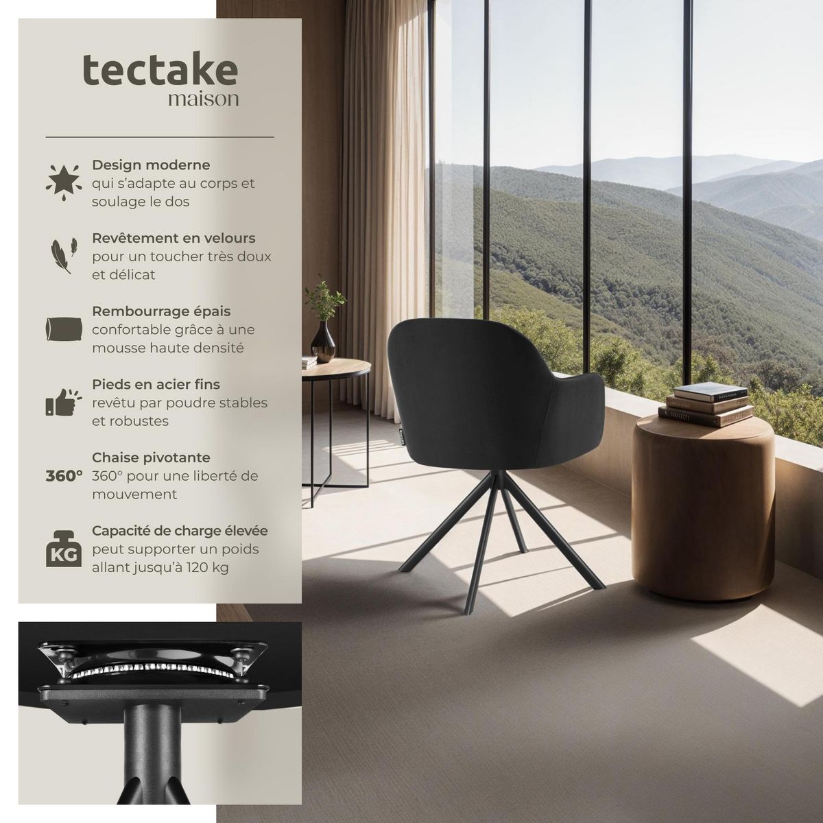 tectake Chaise pivotante en velours rembourrée noir/noir Lot de 2