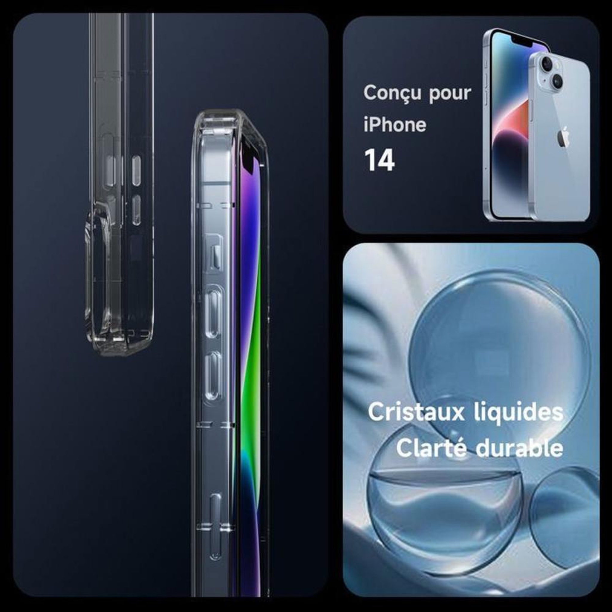 Voir la diapositive 3 : Coque de protection transparente antichoc pour iPhone 14, découpe précise appareil photo et accès facile aux boutons