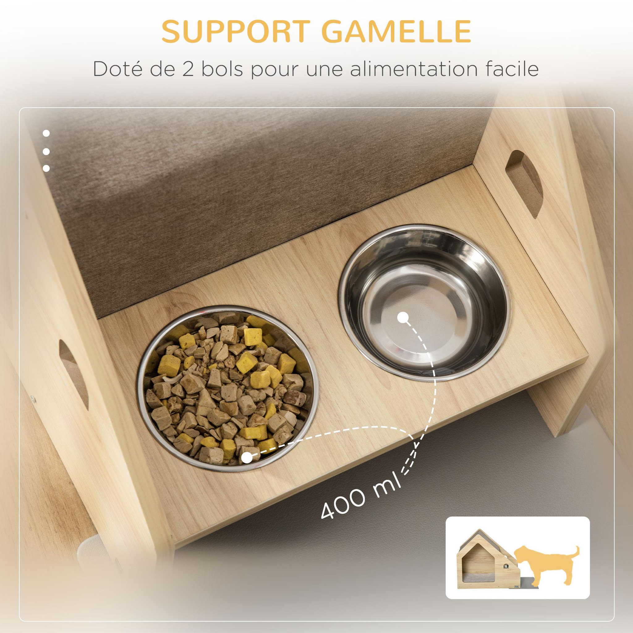 Voir la diapositive 4 : PAWHUT Niche d'intérieur pour chien et chat design avec 2 gamelles et coussin amovible MDF aspect bois clair tissu brun clair