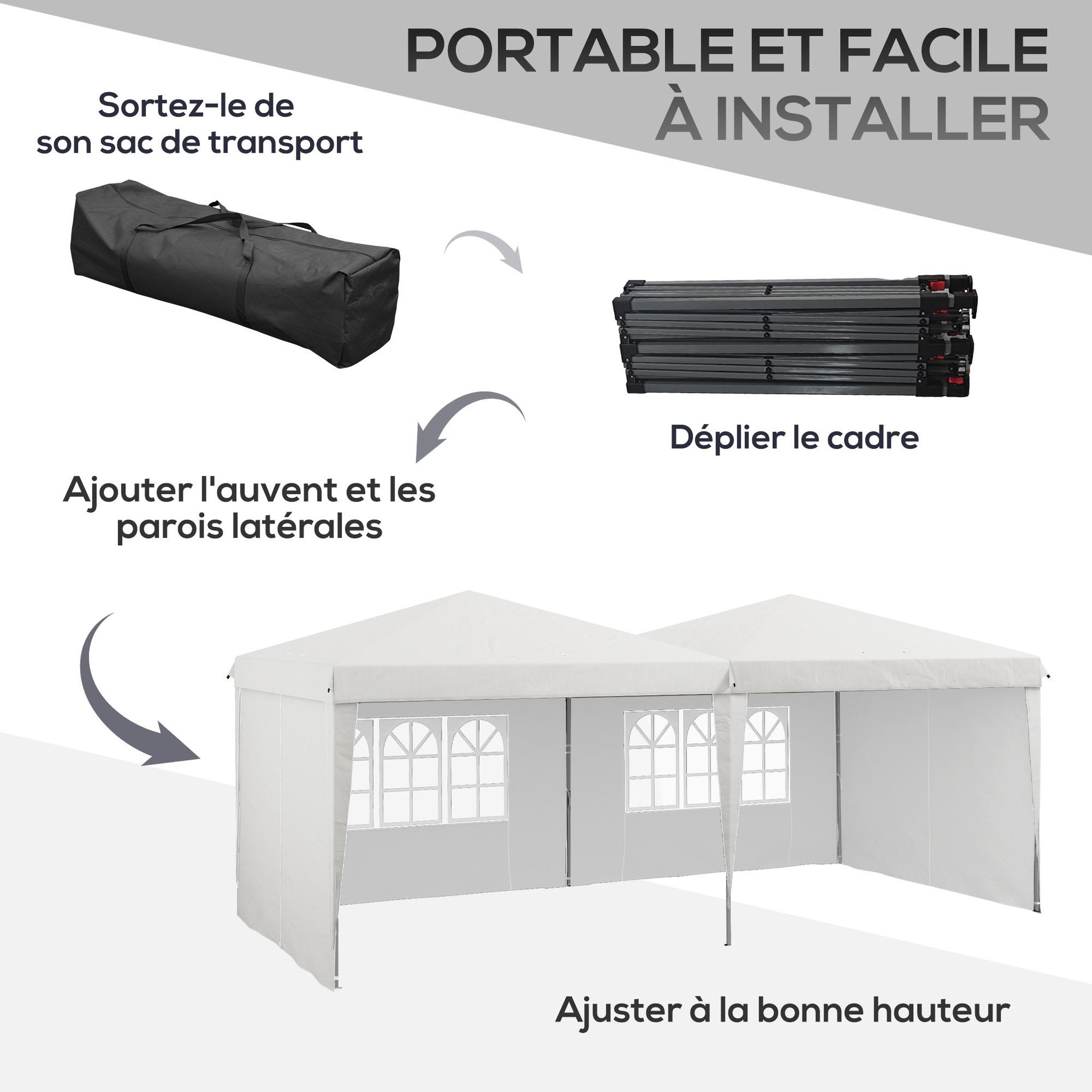 Voir la diapositive 4 : OUTSUNNY Tonnelle barnum pliant pop-up - 4 pans latéraux amovibles, 6 fenêtres, sac transport, 5 sacs lestage - acier Oxford blanc