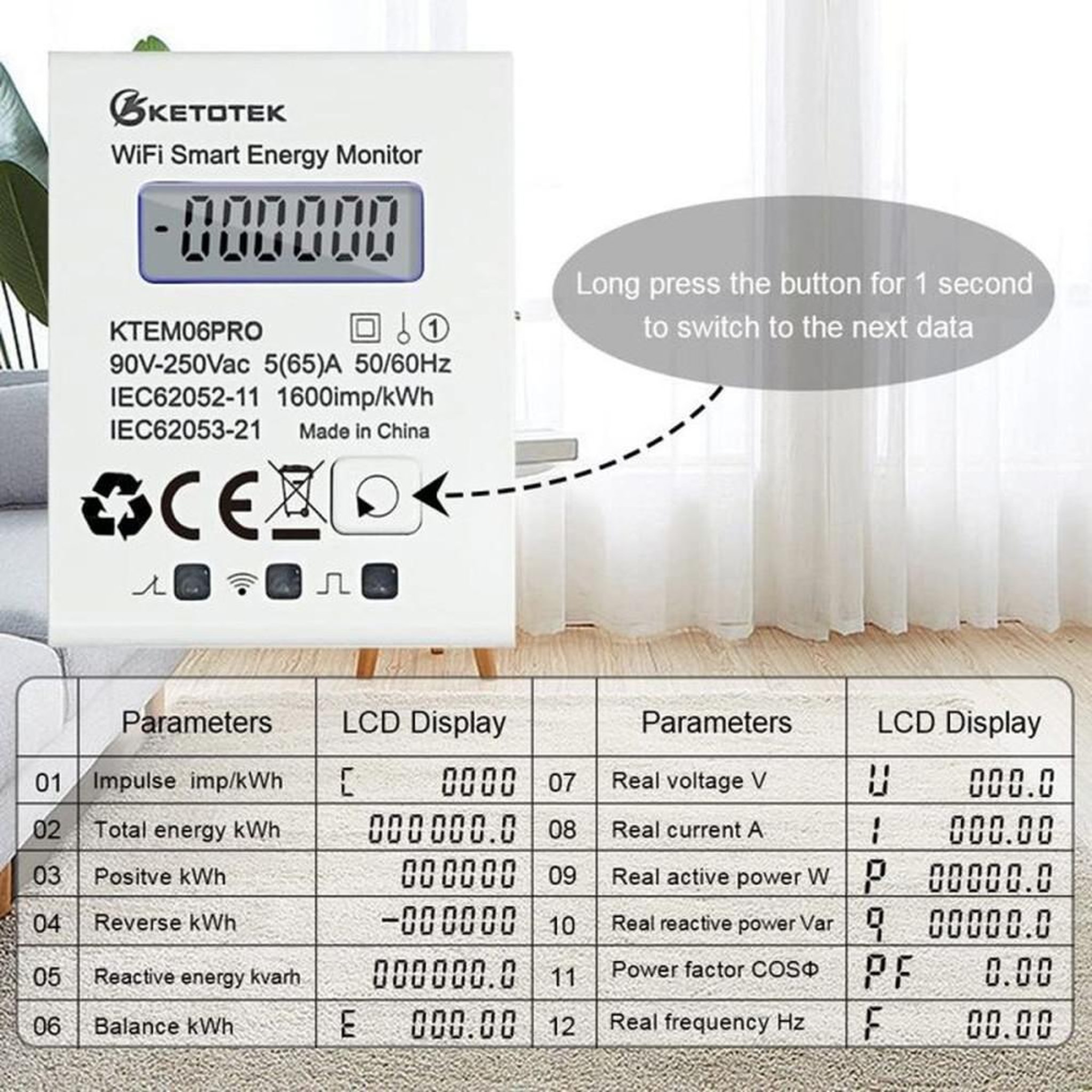 Voir la diapositive 5 : Compteur d'énergie WiFi smart DIN rail monophasé bidirectionnel 5(65)A 90-250V KTEM06PRO avec écran LCD