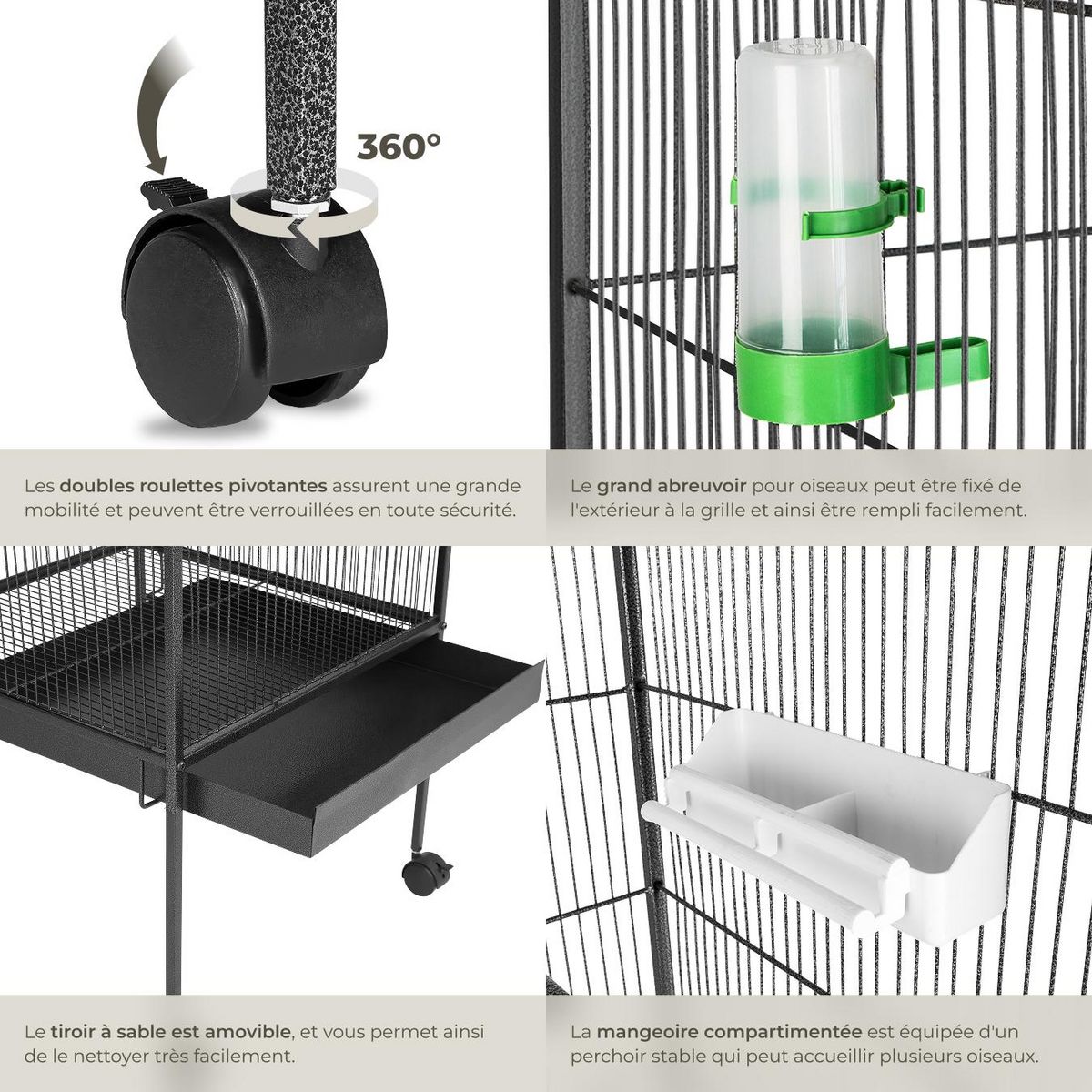 tectake Cage à oiseaux en finition martelée gris anthracite