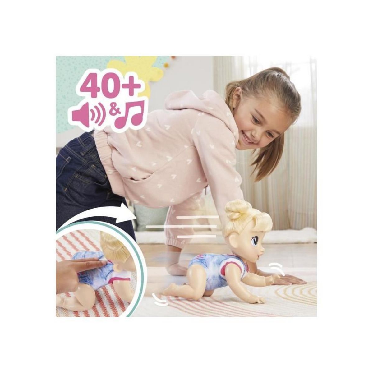 BABY ALIVE Baby Alive, Harper Hugs Marche a 4 pattes, poupée électronique de 27  cm marchant a 4 pattes, cheveux blonds, a partir de 3