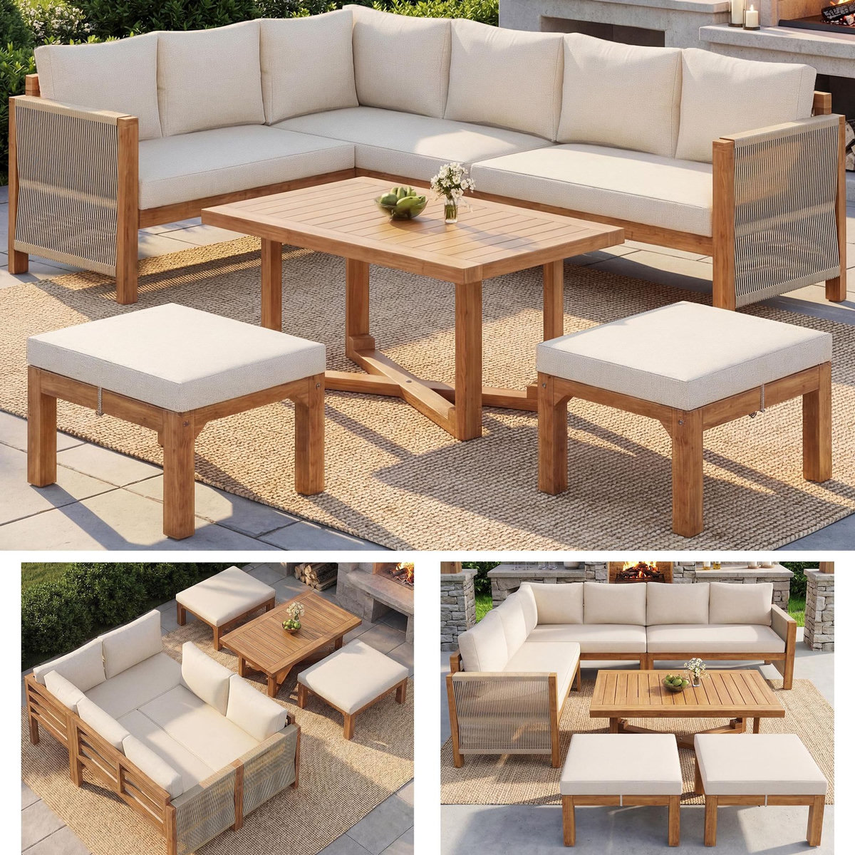 MERAX Salon de jardin 6 place en bois avec coussins