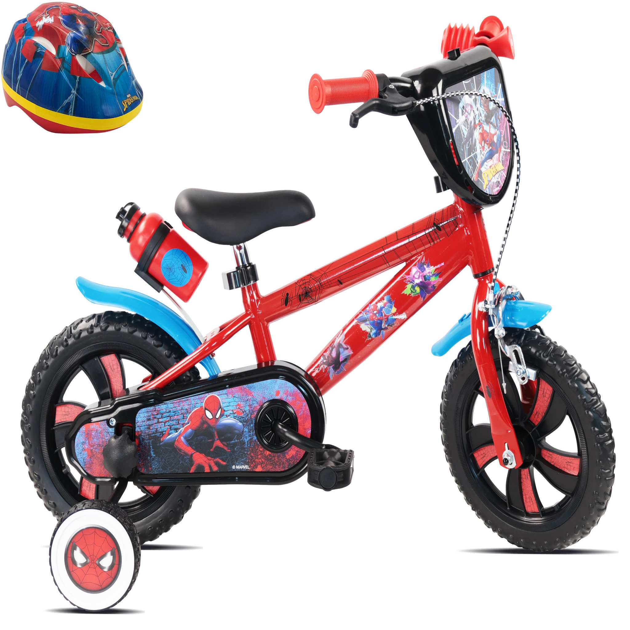 Spiderman Vélo enfant 12'' Spiderman ( <90 cm) 1 frein, plaque avant , bidon arrière, stabilisateurs & pneus increuvables + CASQUE SPIDERMAN