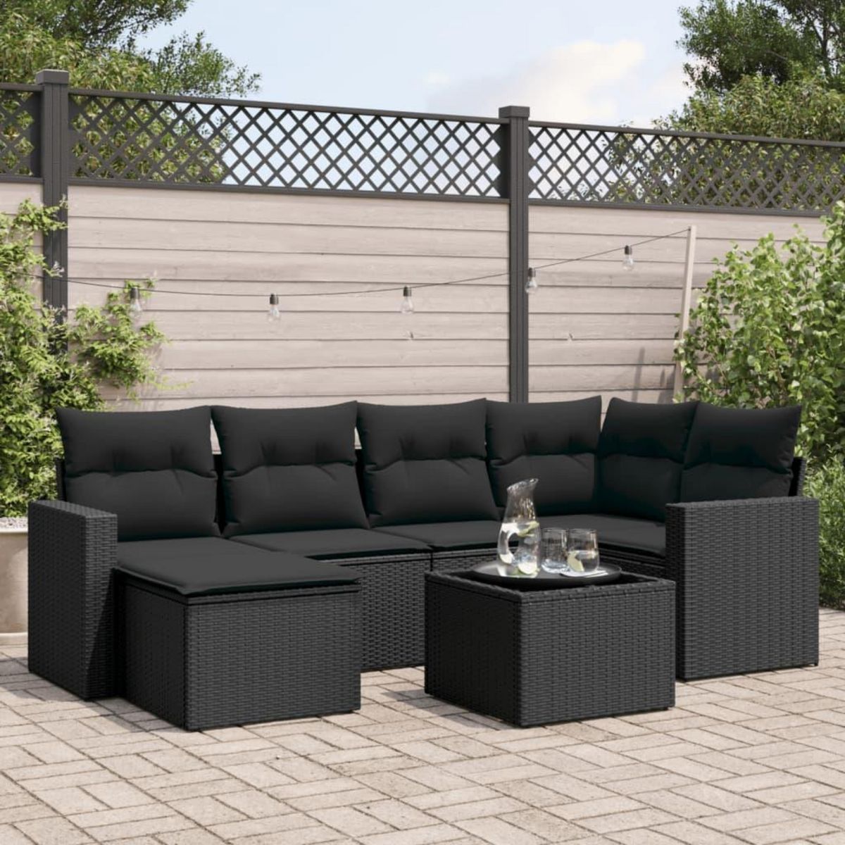 VIDAXL Salon de jardin 7 pcs avec coussins noir resine tressee