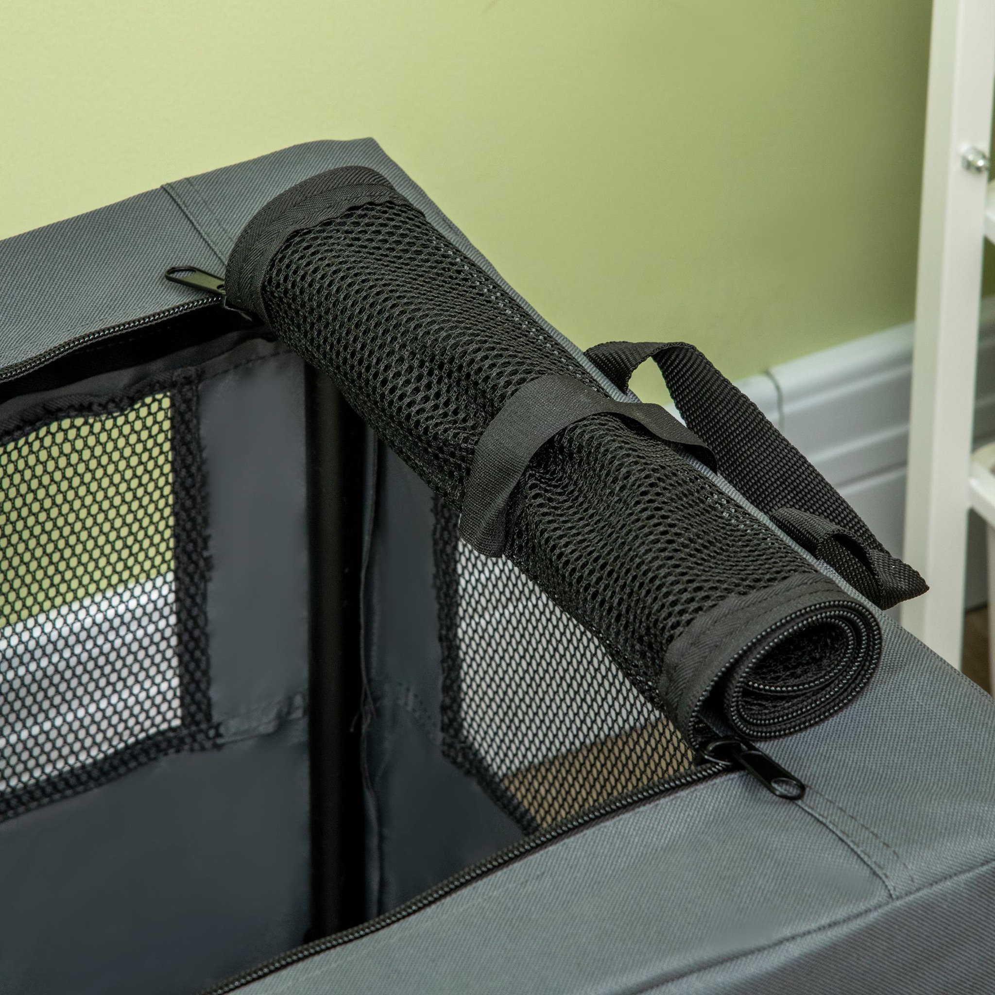 Voir la diapositive 4 : PAWHUT Sac de transport pliable pour chien chat - 2 poignées, 3 portes - dim. 60l x 42l x 42h cm - acier polyester gris