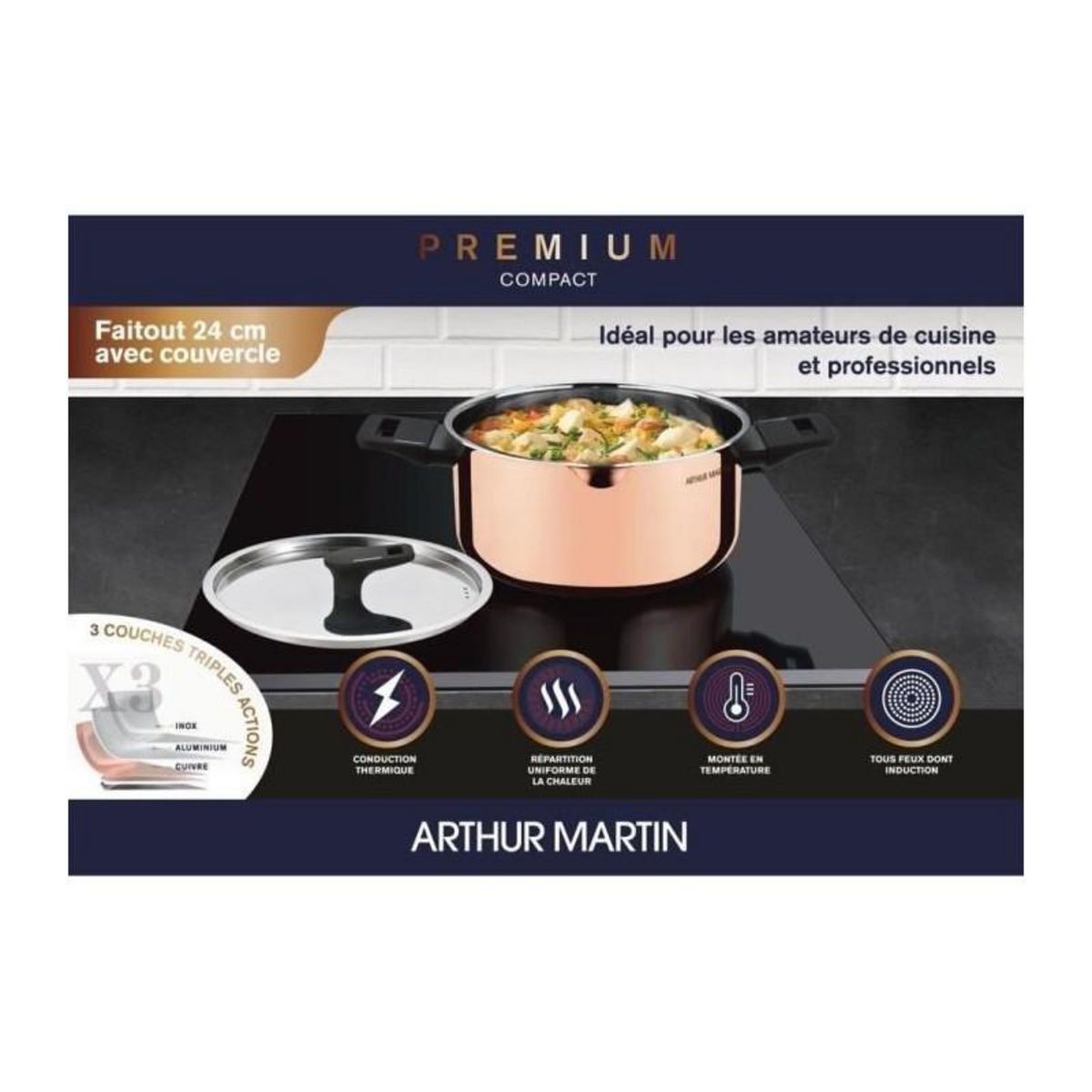 Arthur Martin Faitout 24 cm - ARTHUR MARTIN - AM945GT - 3 couches triple action : cuivre, aluminium, inox - Tous feux dont induction