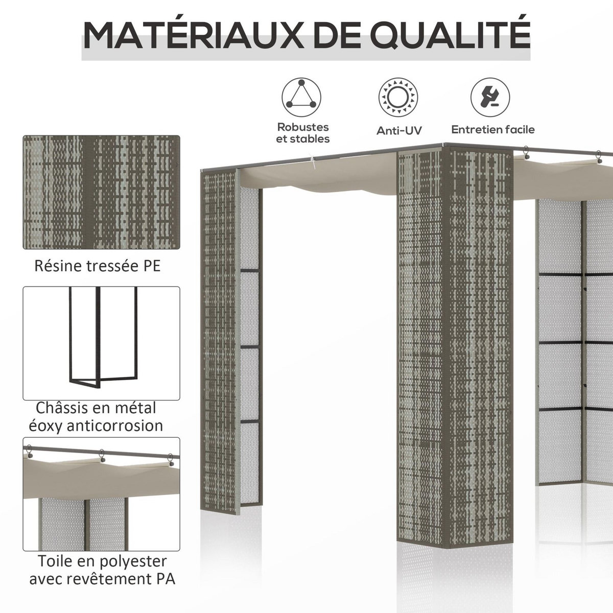 OUTSUNNY Pergola rétractable style colonial dim. 2,98L x 2,98l x 2H m métal époxy anticorrosion résine tressée grise toile polyester haute densité 180 g/m² crème