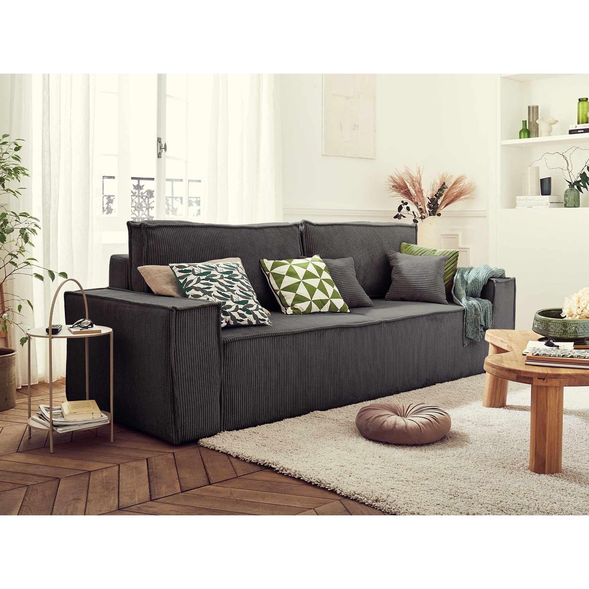 BEST MOBILIER Dellia - canapé 3 places convertible - avec coffre - en velours côtelé - style contemporain