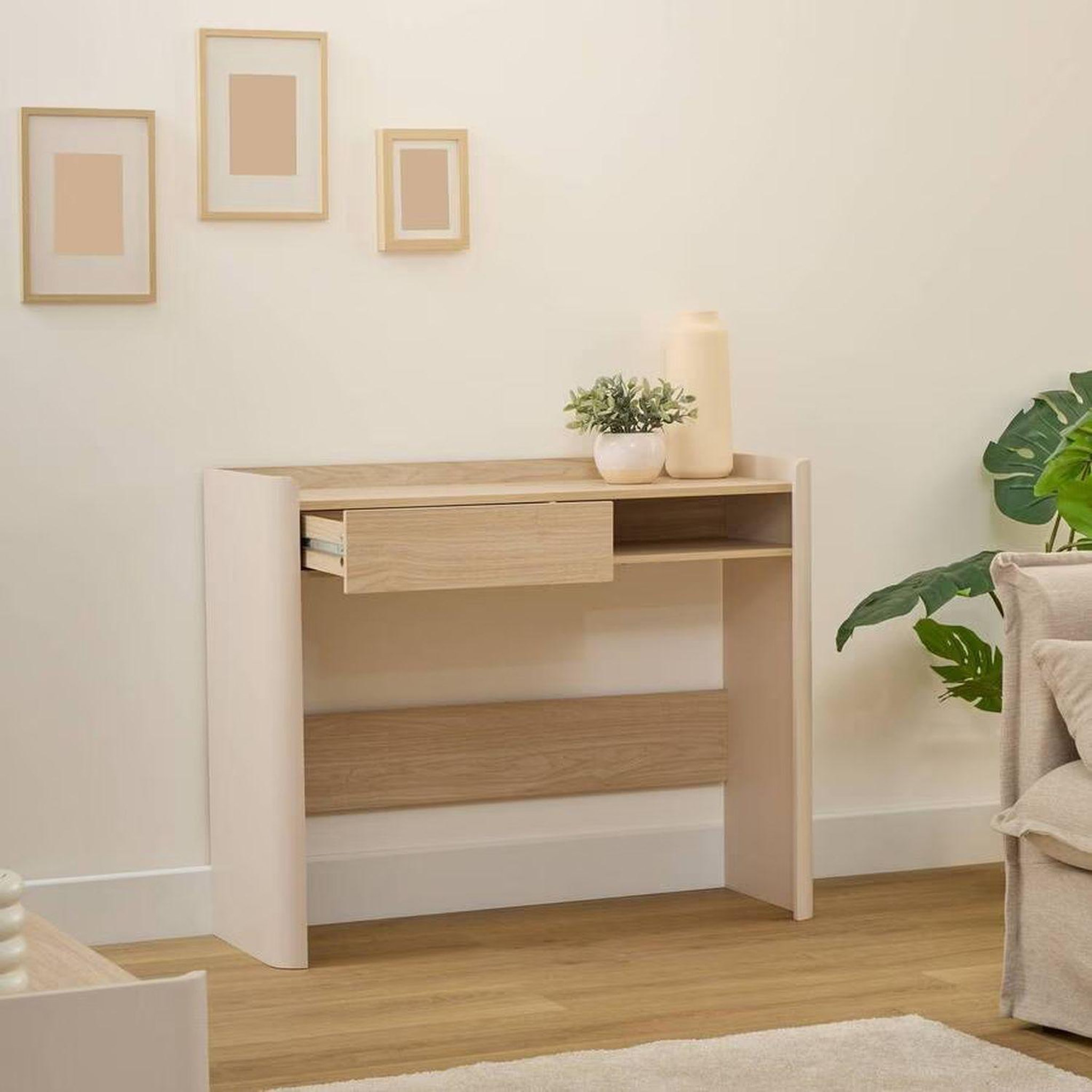 Voir la diapositive 6 : FIVE Console effet bois 1 tiroir roundy - beige