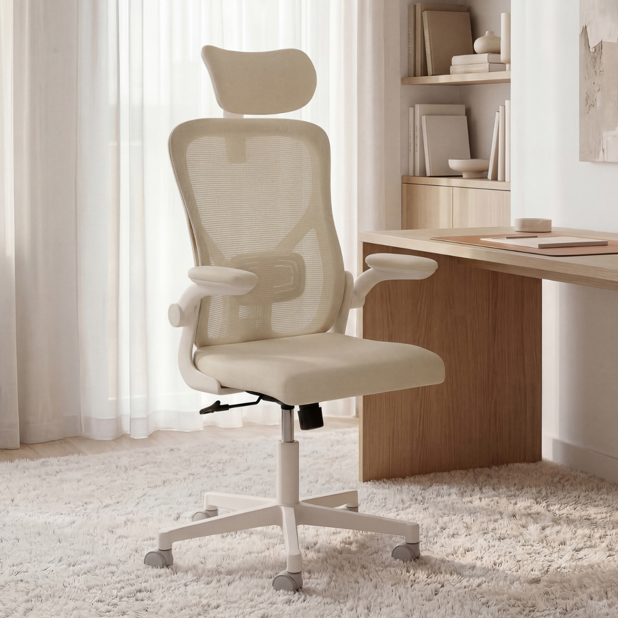 Voir la diapositive 2 : ID MARKET Fauteuil de bureau JAMES ergonomique en toile respirante et appui-tête avec roulettes beige et blanc