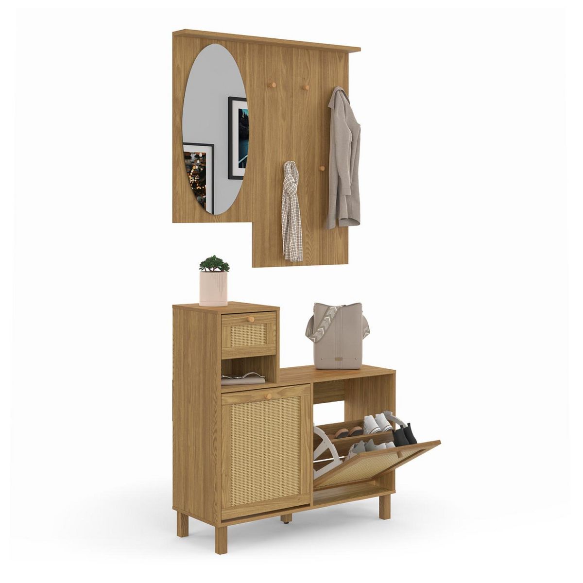 ID MARKET Vestiaire d'entrée avec miroir HANAE effet naturel cannage