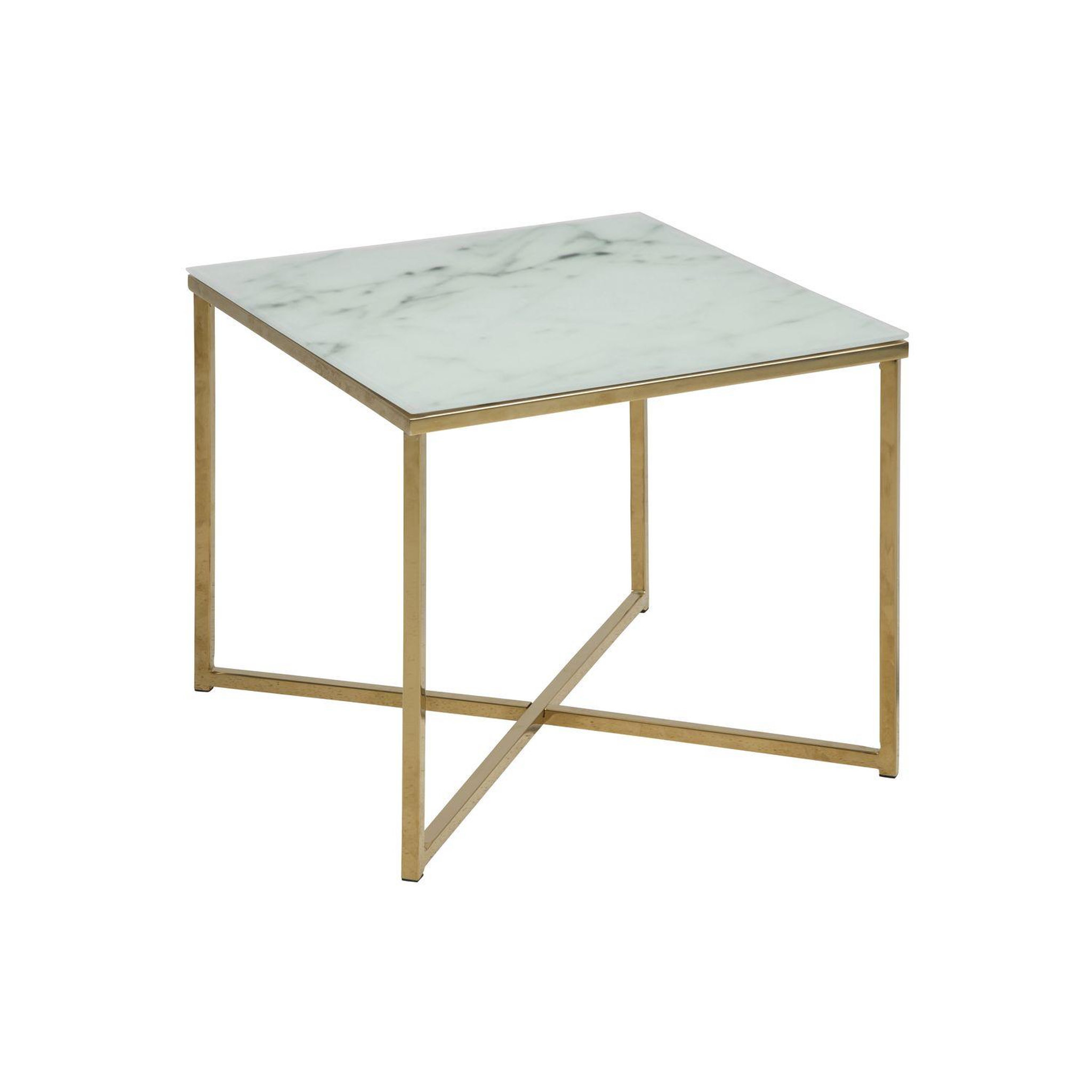 TOILINUX Table à café carrée effet marbre en verre et métal - l. 50 cm x h. 42 cm - doré et blanc