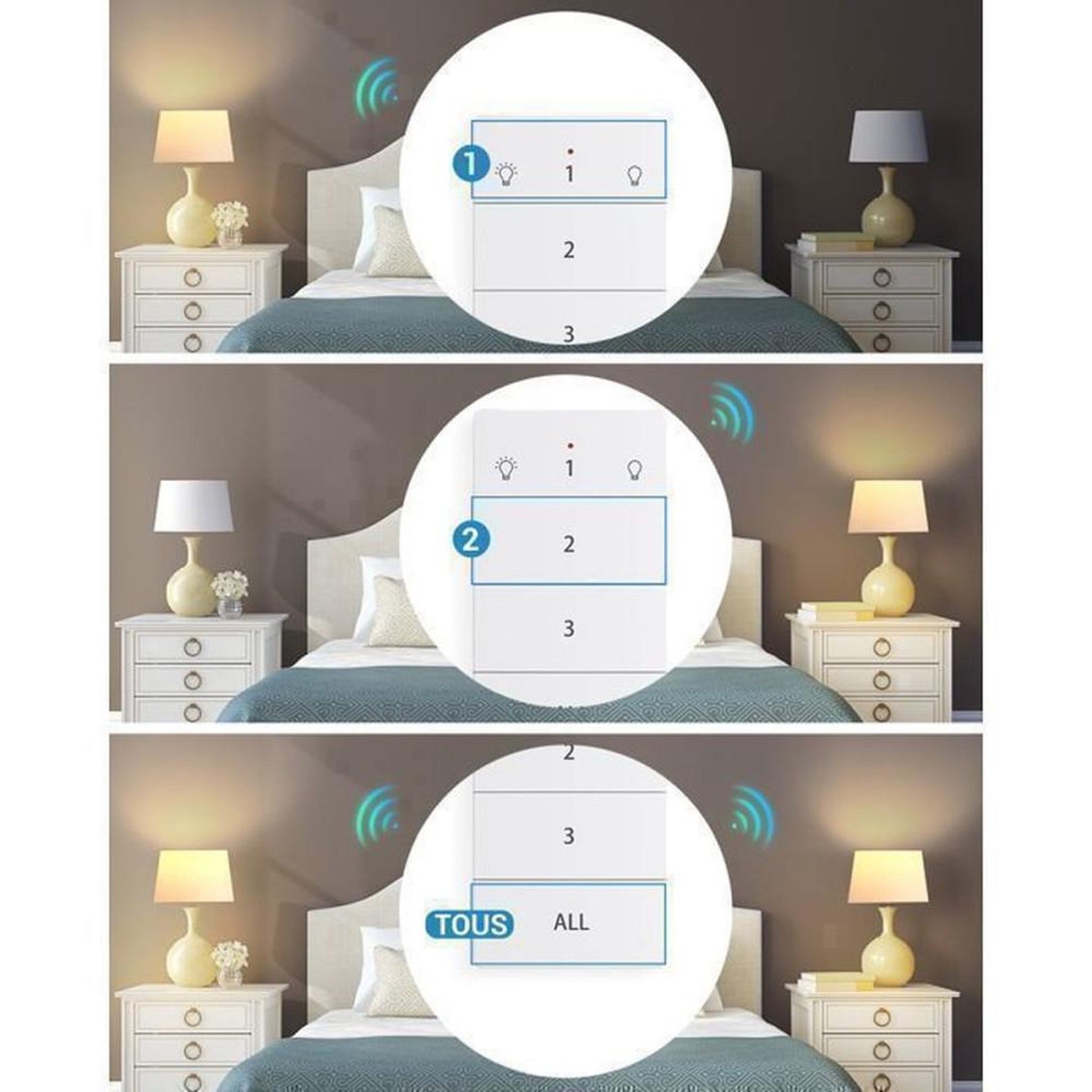 Voir la diapositive 3 : Pack prises connectées avec télécommande, 2 sorties + interrupteur mural amovible, 16 A 3680 W, blanc, fréquence 433,92 MHz, portée jusqu'à 30 m