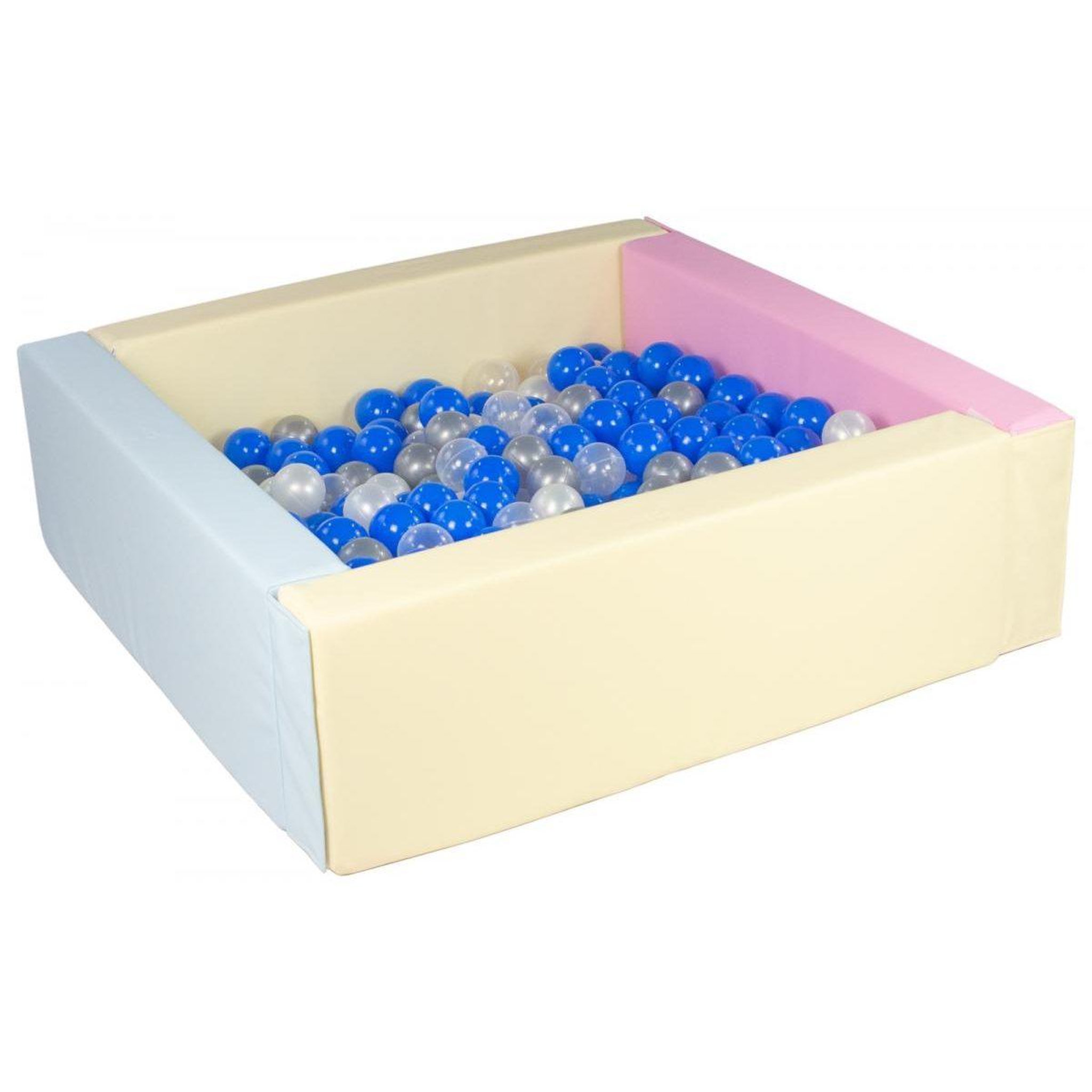 VELINDA Piscine à balles carrée avec 200 balles -rose, bleu, jaune (pastel)/perle, transparent, bleu, argent
