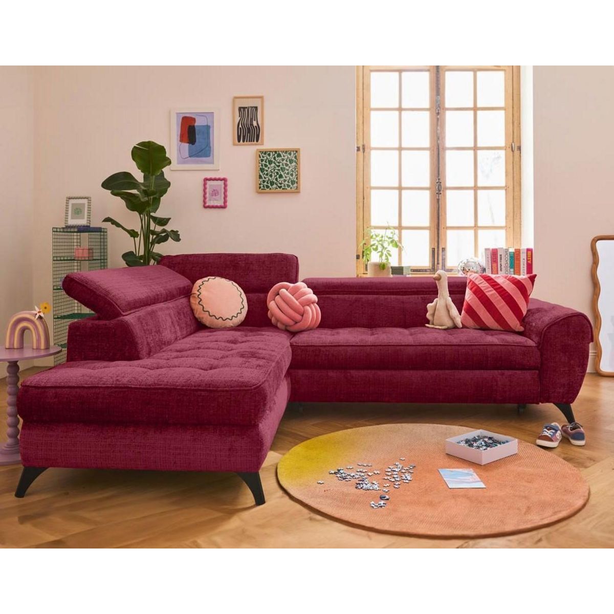 LISA DESIGN Marlo - canapé d'angle gauche 5 places convertible avec coffre et têtières en velours texturé