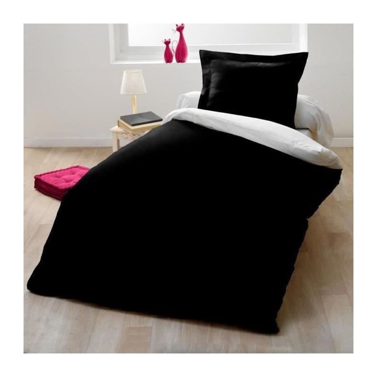 LOVELY HOME Parure housse de couette 1 personne - 140x200 cm - 100% Coton - Bicolore Noir et blanc