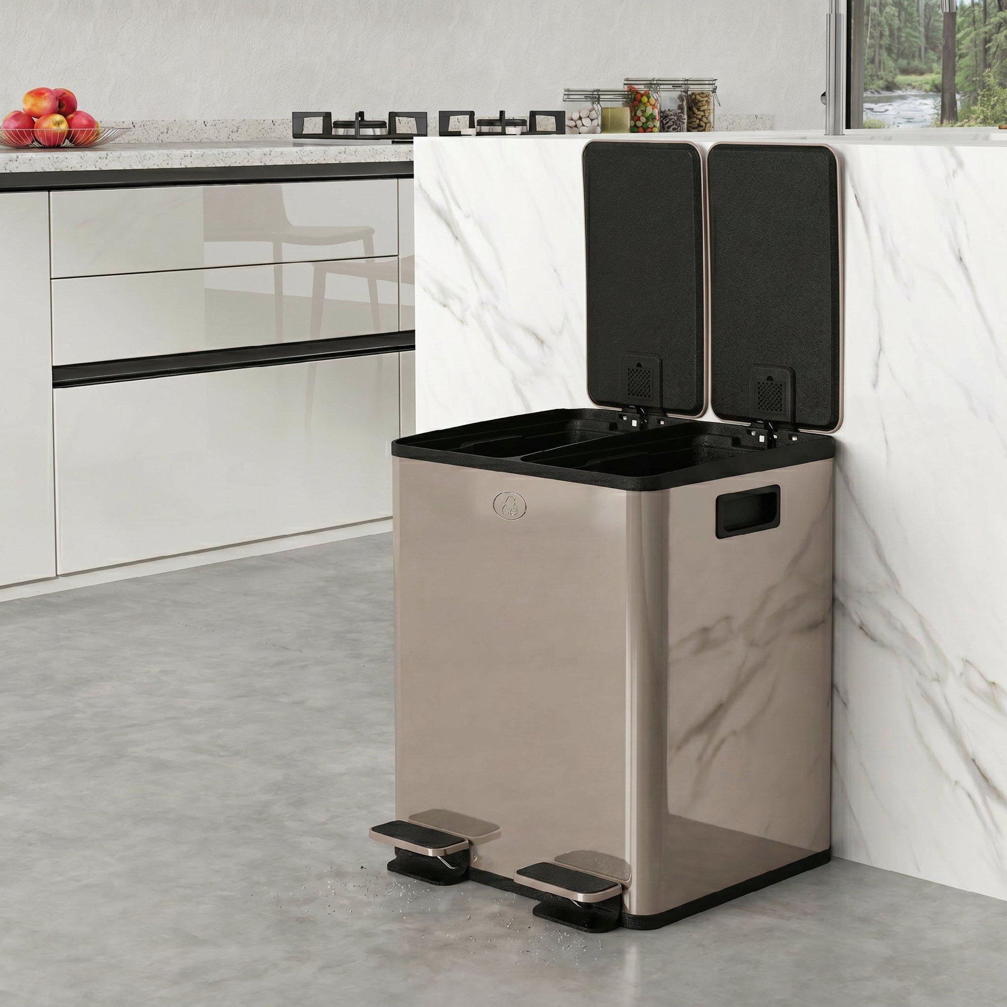 Voir la diapositive 2 : HOMCOM Poubelle manuelle tri selectif 2 bacs capacité totale 20l acier inox. Champagne