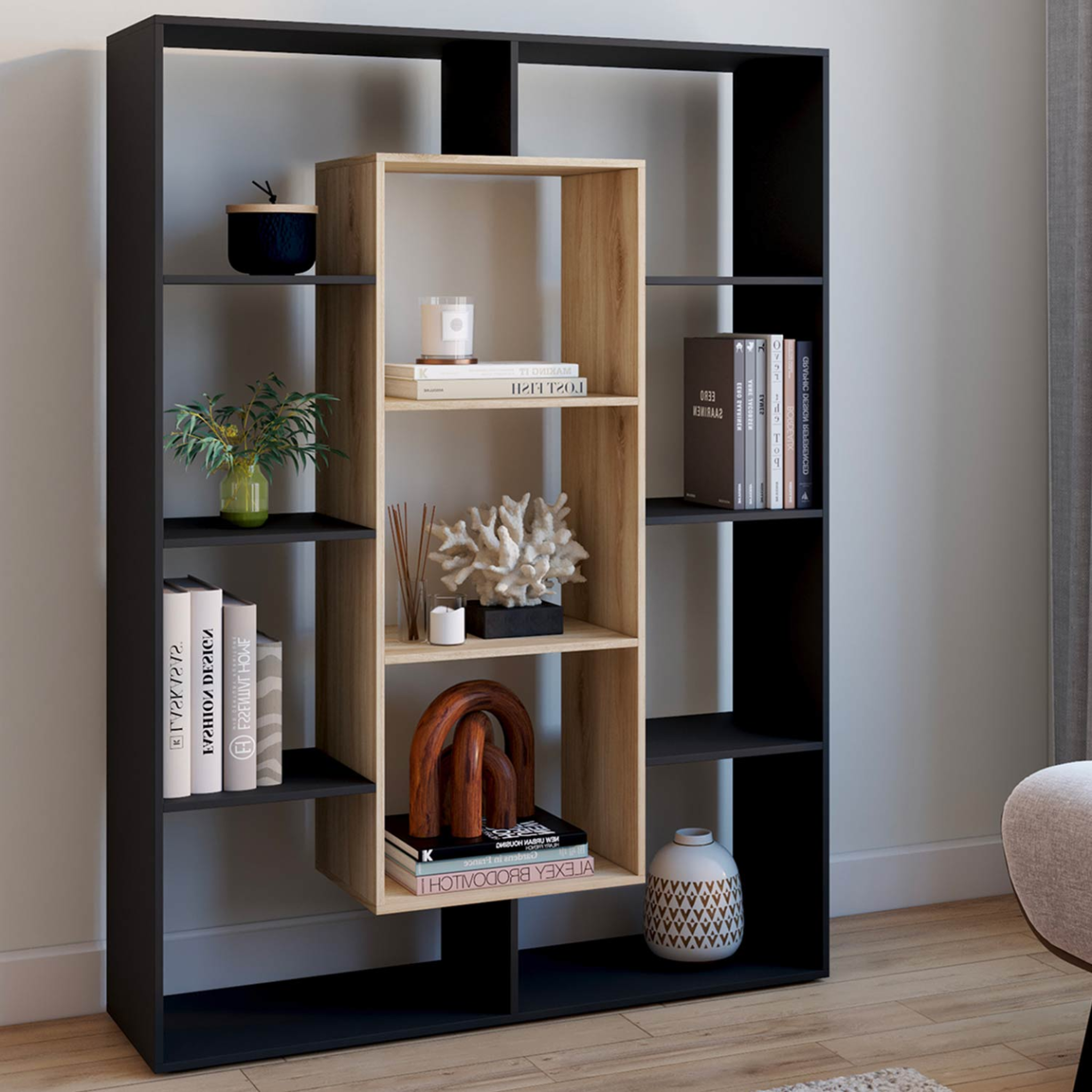 Voir la diapositive 2 : ID MARKET Etagère bibliothèque colette avec 11 compartiments noir et effet bois 143 cm