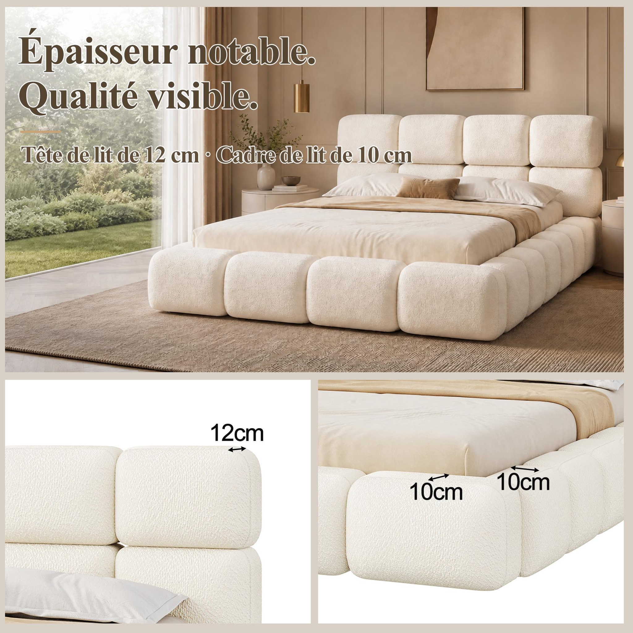 Voir la diapositive 5 : MERAX Lit double design bouclé avec tête de lit rembourrée et sommier