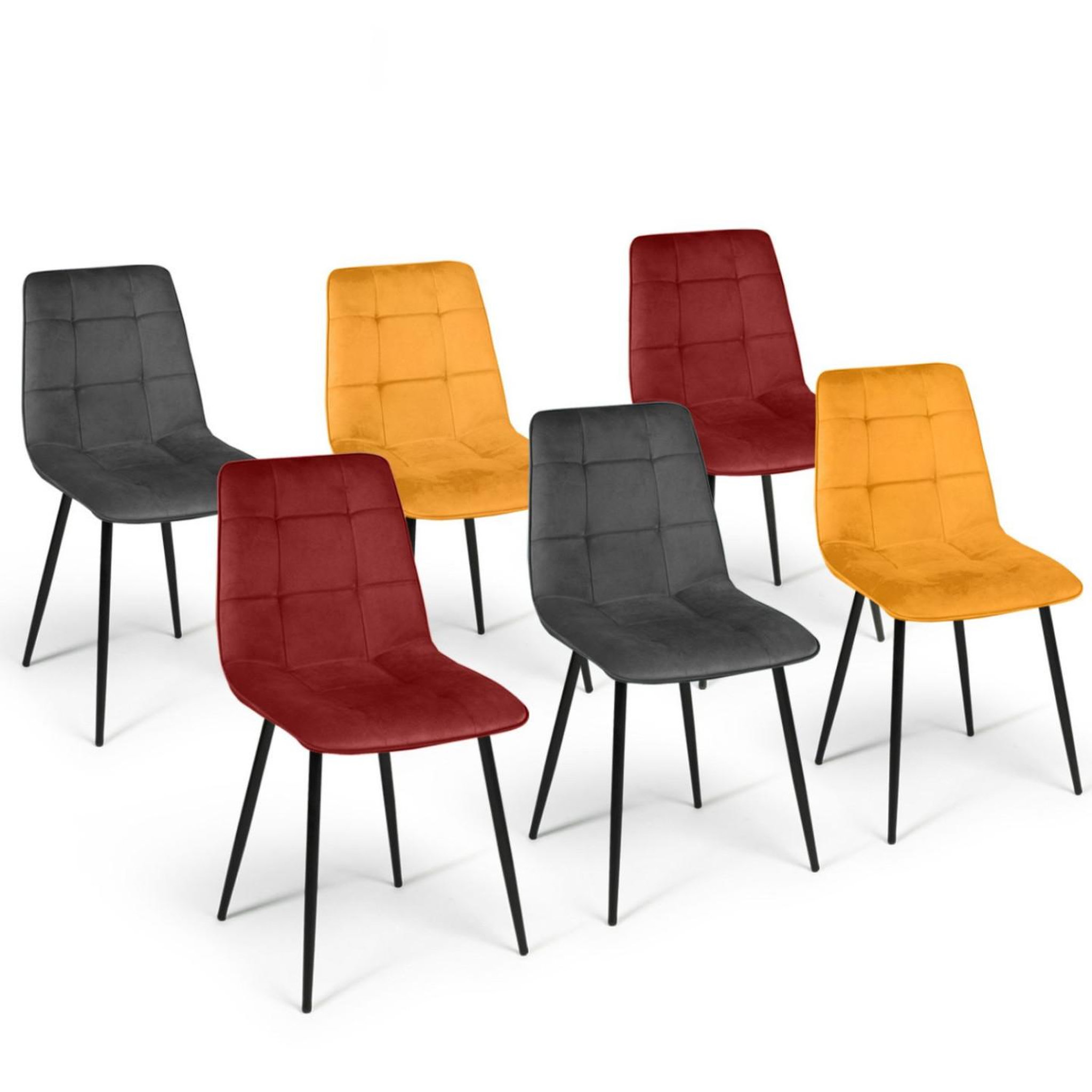 ID MARKET Lot de 6 chaises mila en velours mix color vintage bordeaux x2, gris foncé x2, jaune ocre x2