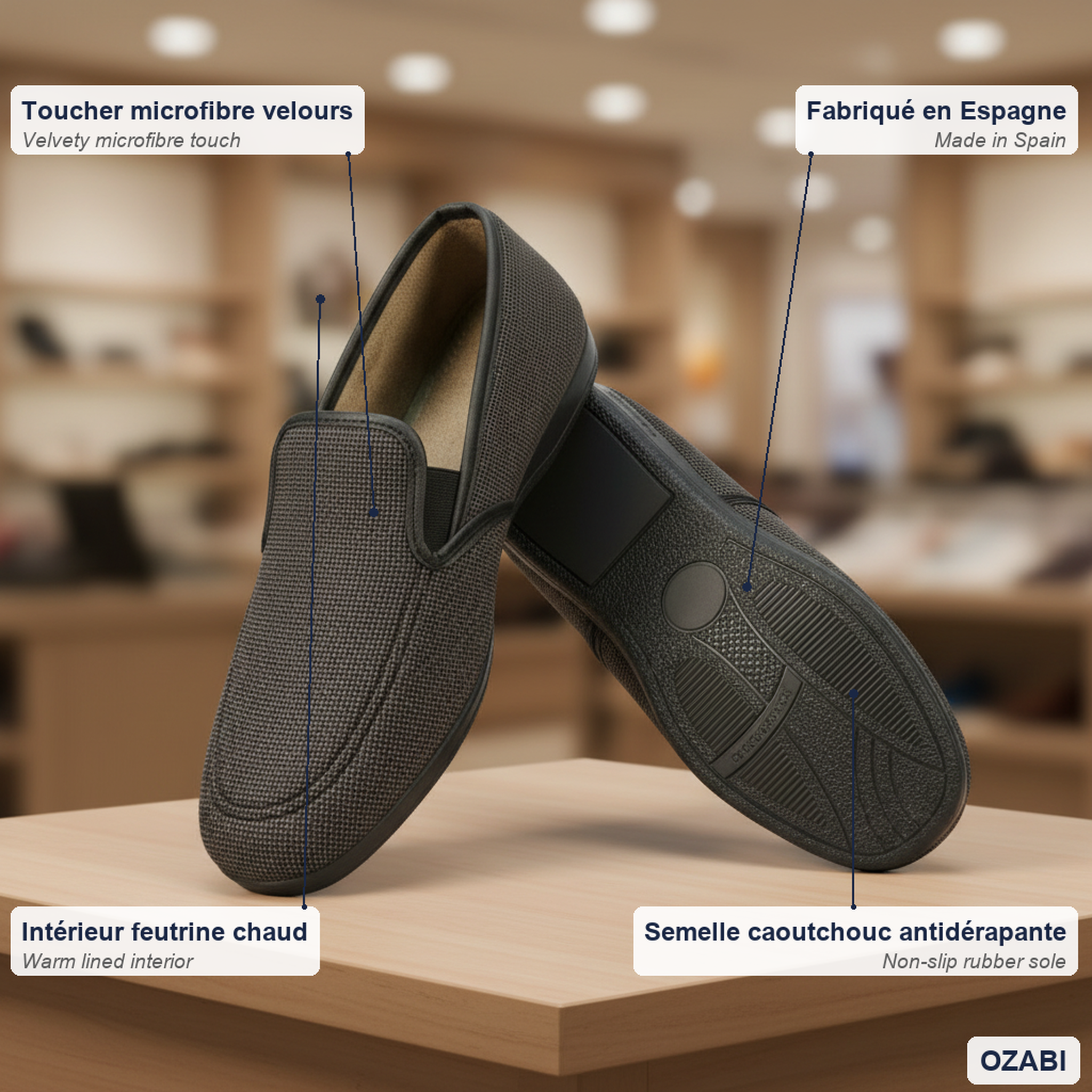 Voir la diapositive 4 : OZABI Ozabi charentaises homme toucher velours microfibre, fabriquées en espagne
