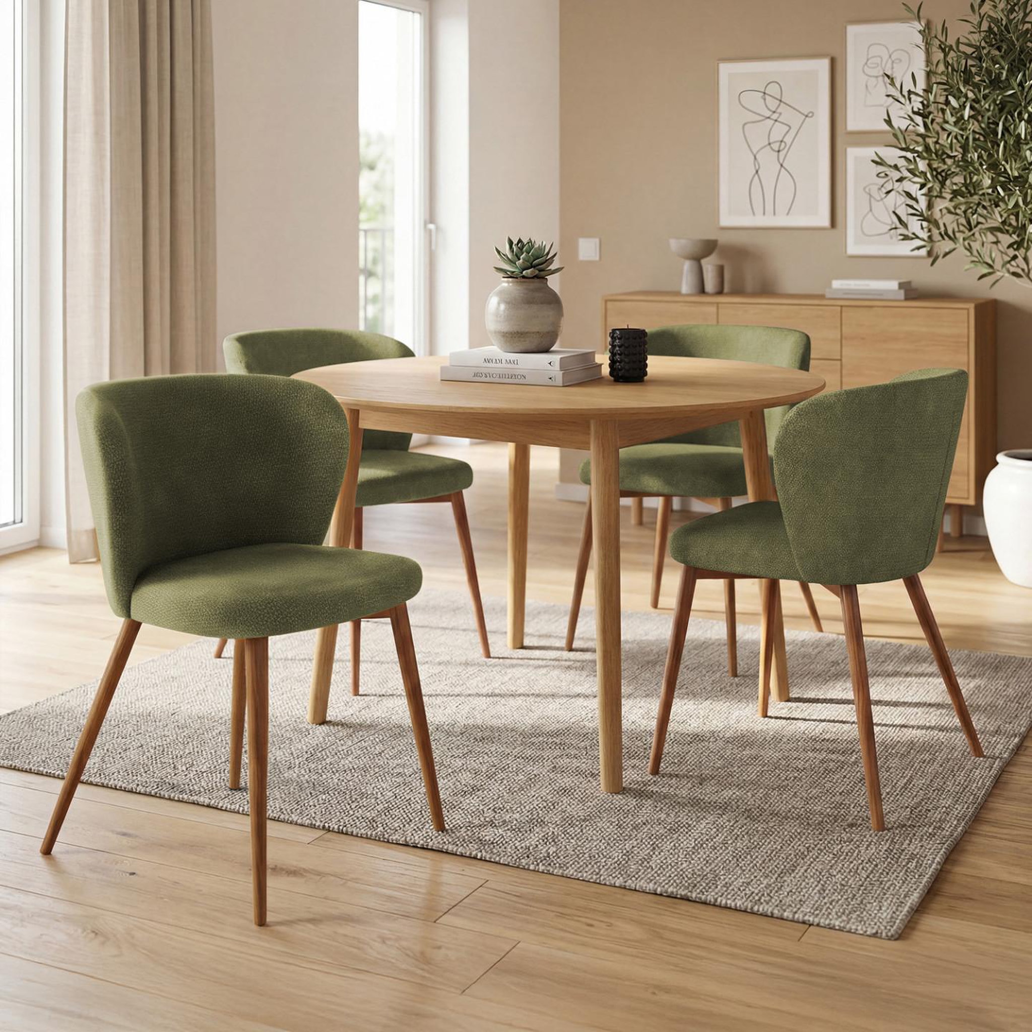 Voir la diapositive 2 : ID MARKET Lot de 4 chaises paulie en tissu chenille kaki pieds noyer pour salle à manger