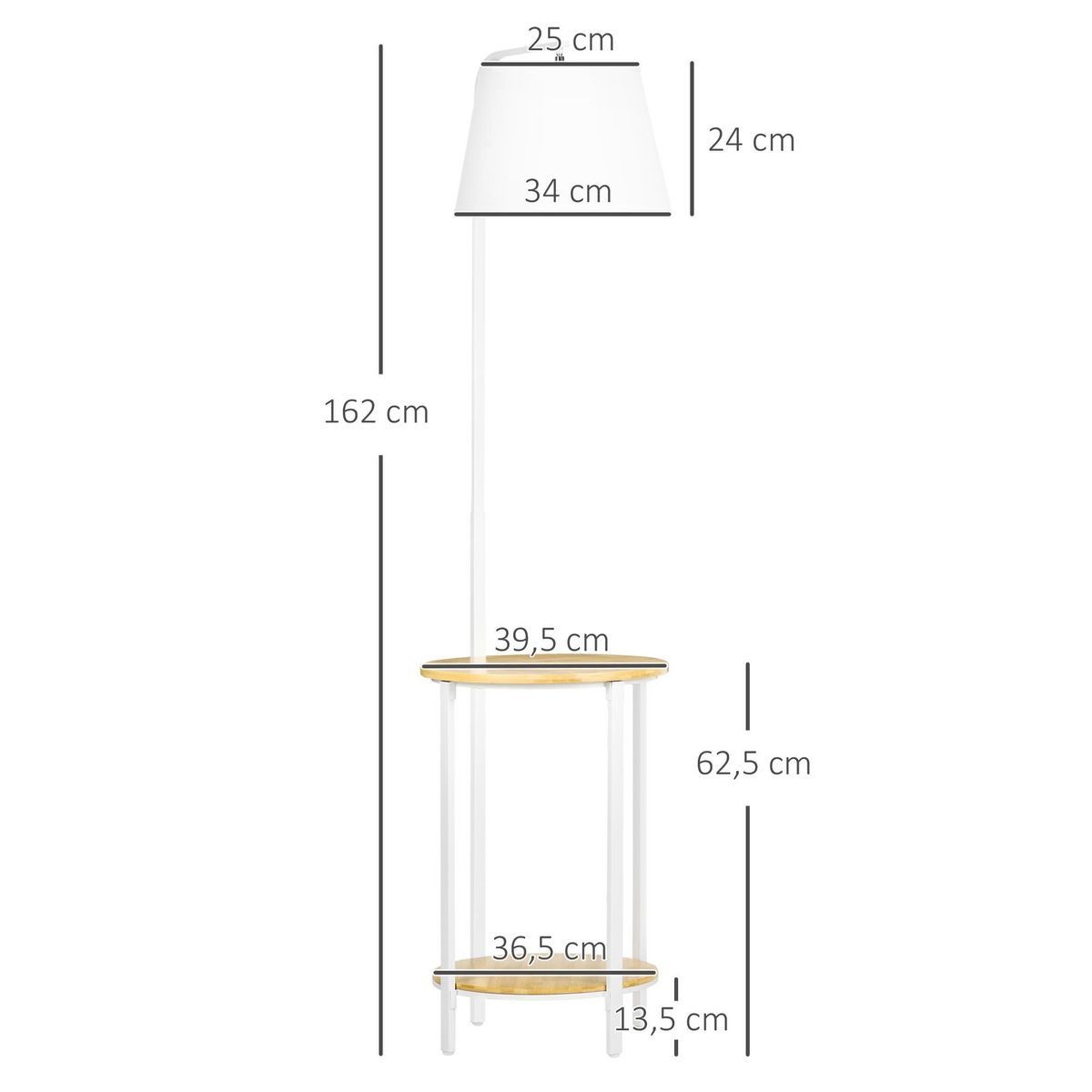 HOMCOM Lampadaire étagères design dim. Ø 37 x 162H cm 40 W max. bois bambou verni métal abat-jour tissu blanc
