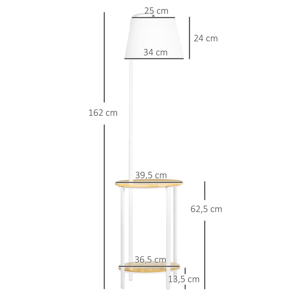 HOMCOM Lampadaire étagères design dim. Ø 37 x 162H cm 40 W max. bois bambou verni métal abat-jour tissu blanc