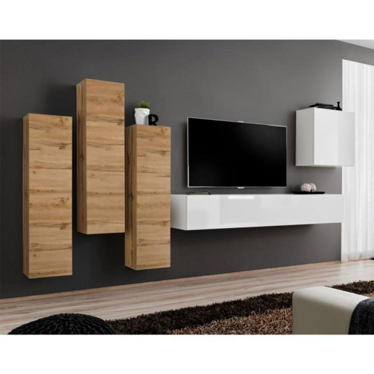 Paris Prix Meuble TV Mural Design  Switch III  330cm Naturel & Blanc