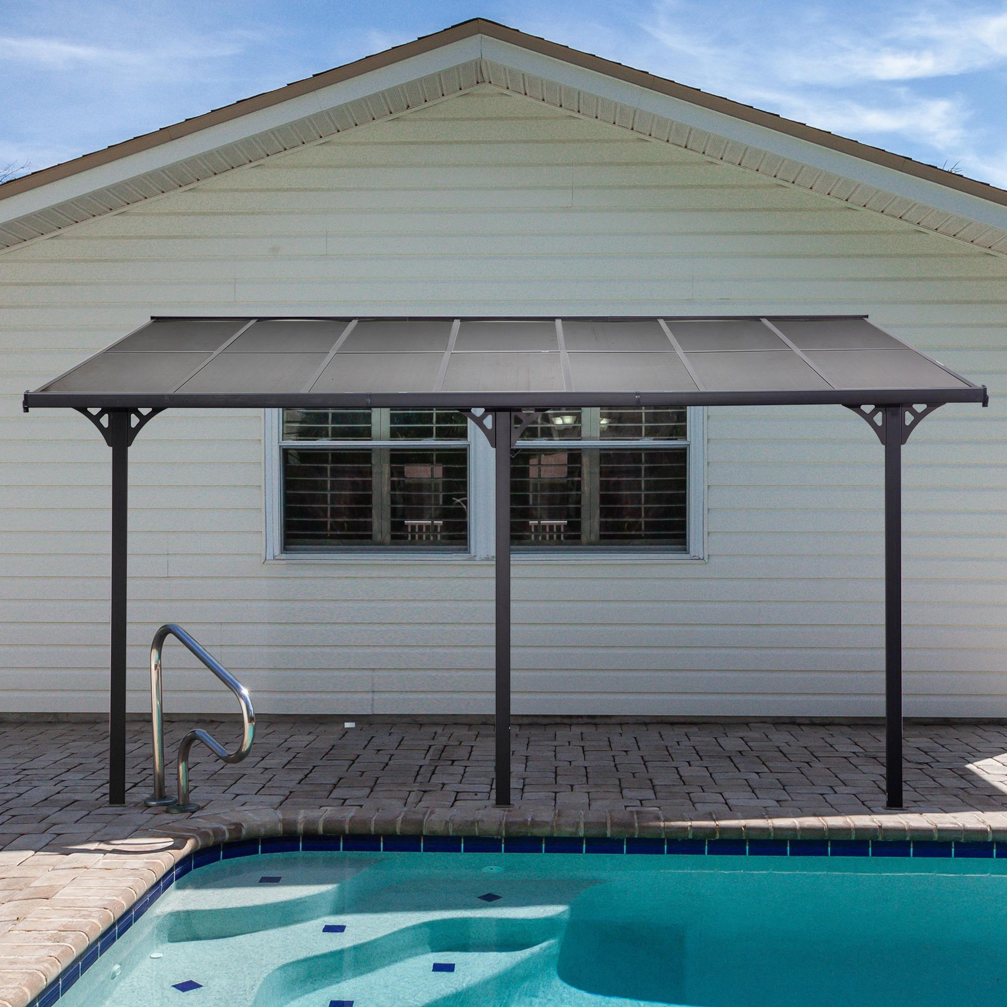 Voir la diapositive 2 : OUTSUNNY Pergola rigide alu. polycarbonate dim. 4,35L x 3l x 2,7H m pavillon de jardin adossable gris