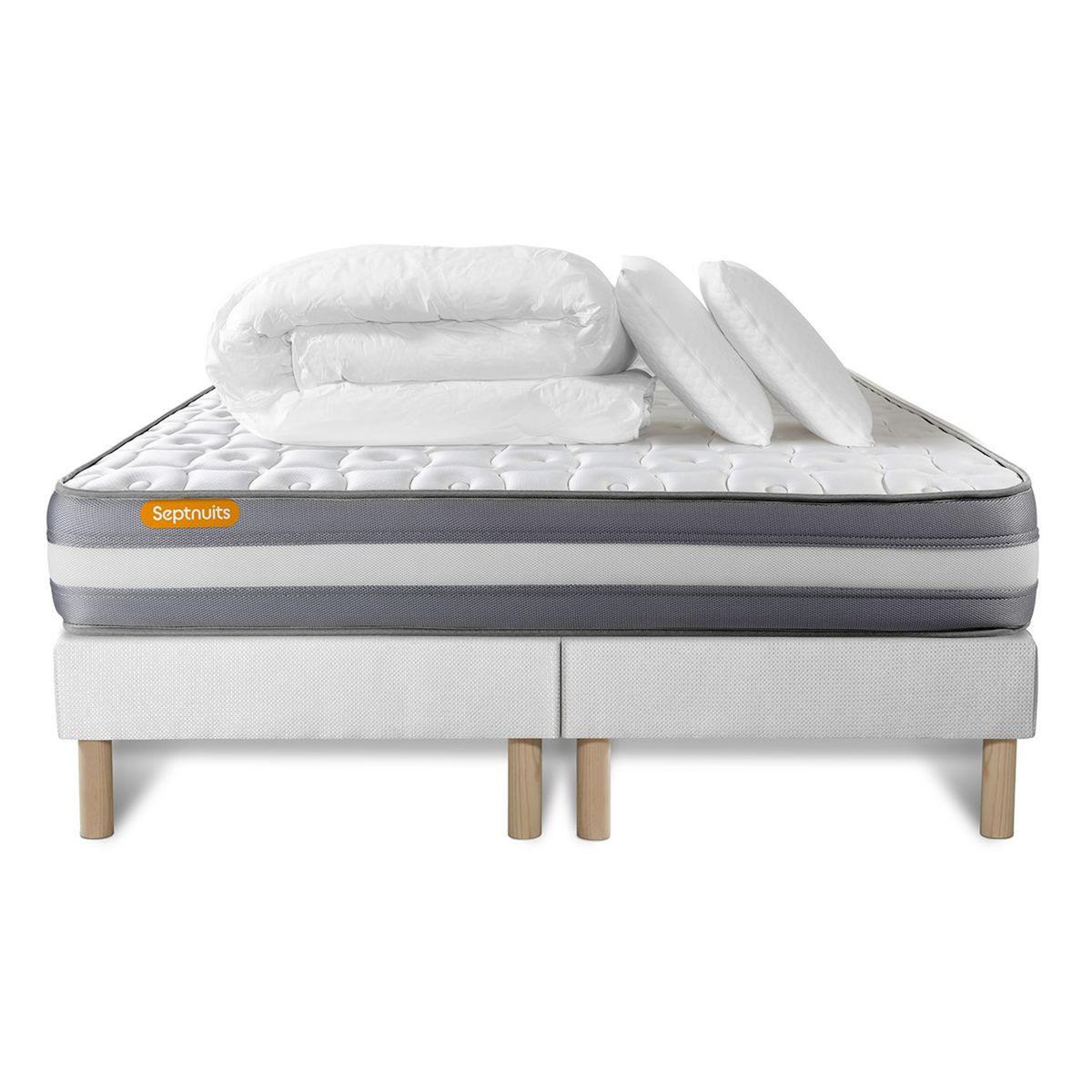 SEPTNUITS PACK matelas + double sommier Memo Plus Mémoire de forme 3 zones + 2 oreillers + couette