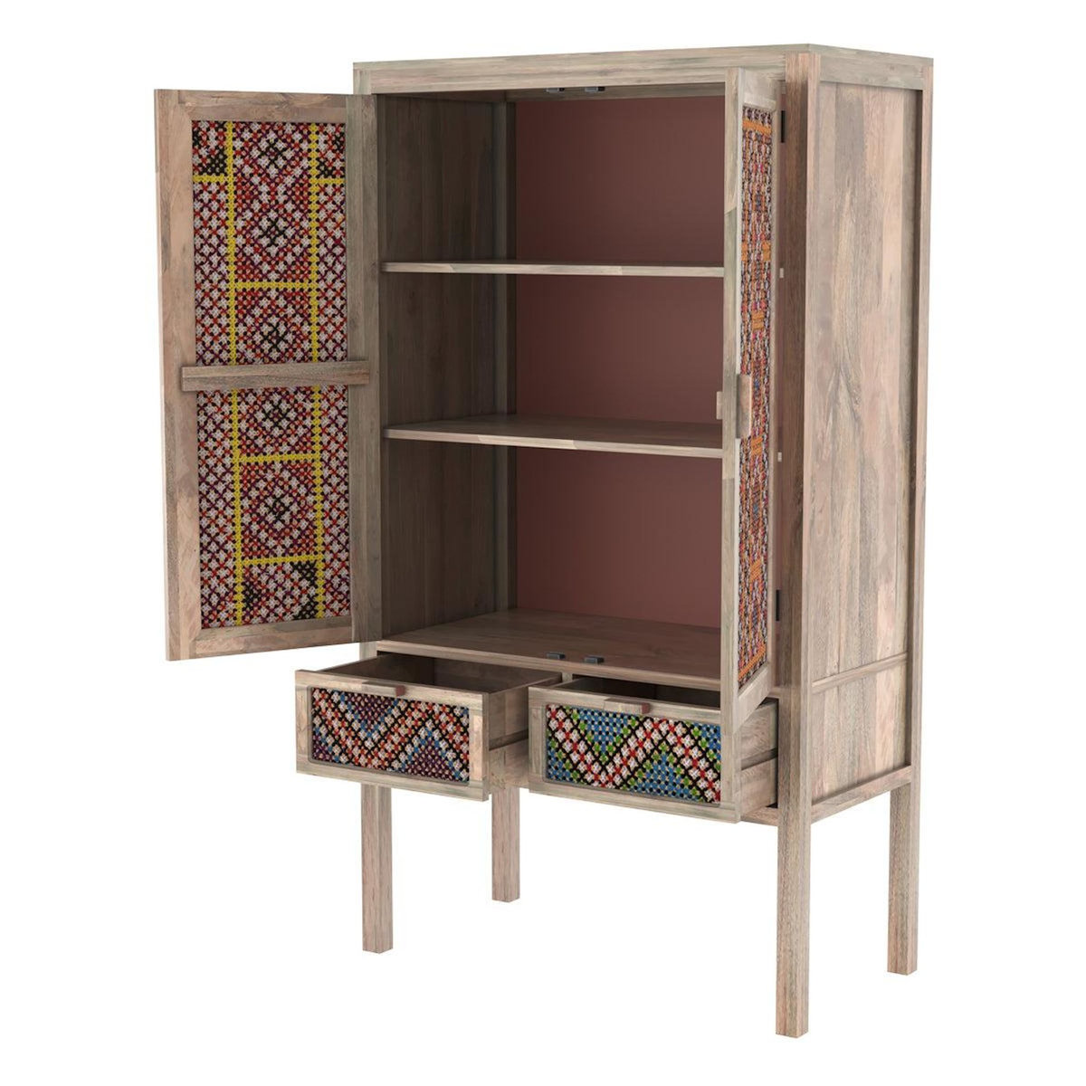Rendez vous déco Armoire 2 portes 2 tiroirs en manguier et cannage coloré-Massaï