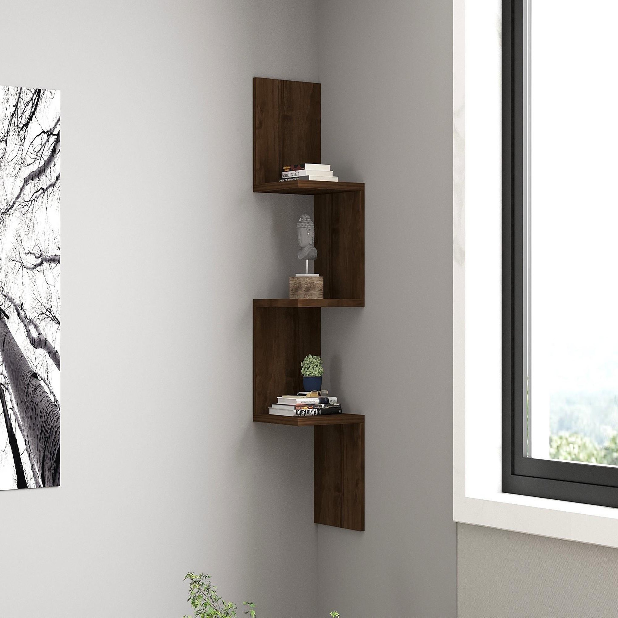 Voir la diapositive 2 : Habitat et Jardin Étagère murale en bois  zikzak  - 25 x 25 x 105 cm - noyer