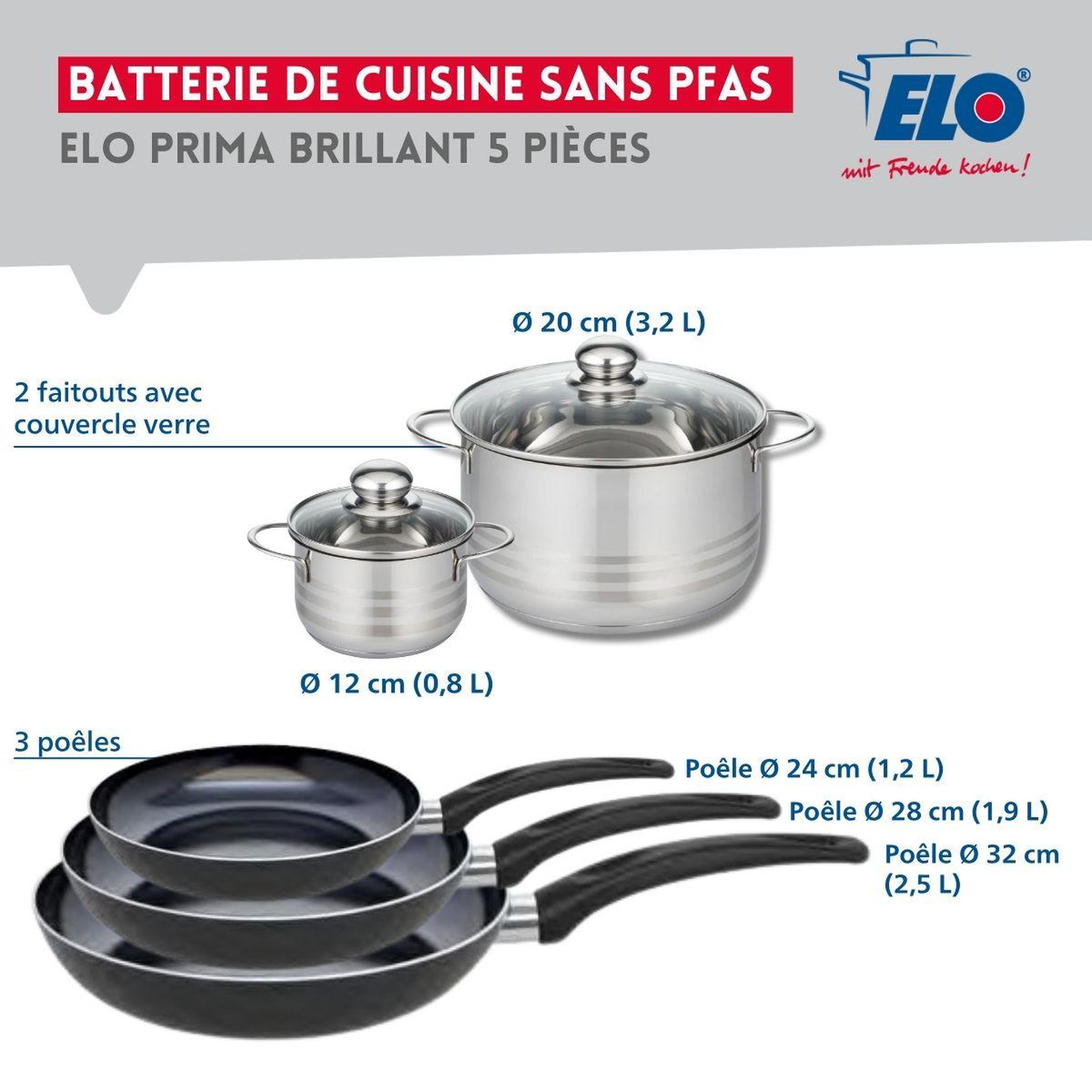 Voir la diapositive 2 : ELO Ensemble de 3 poêles de cuisson 24, 28 et 32 cm et 2 faitouts 12 et 20 cm elo prima brillant