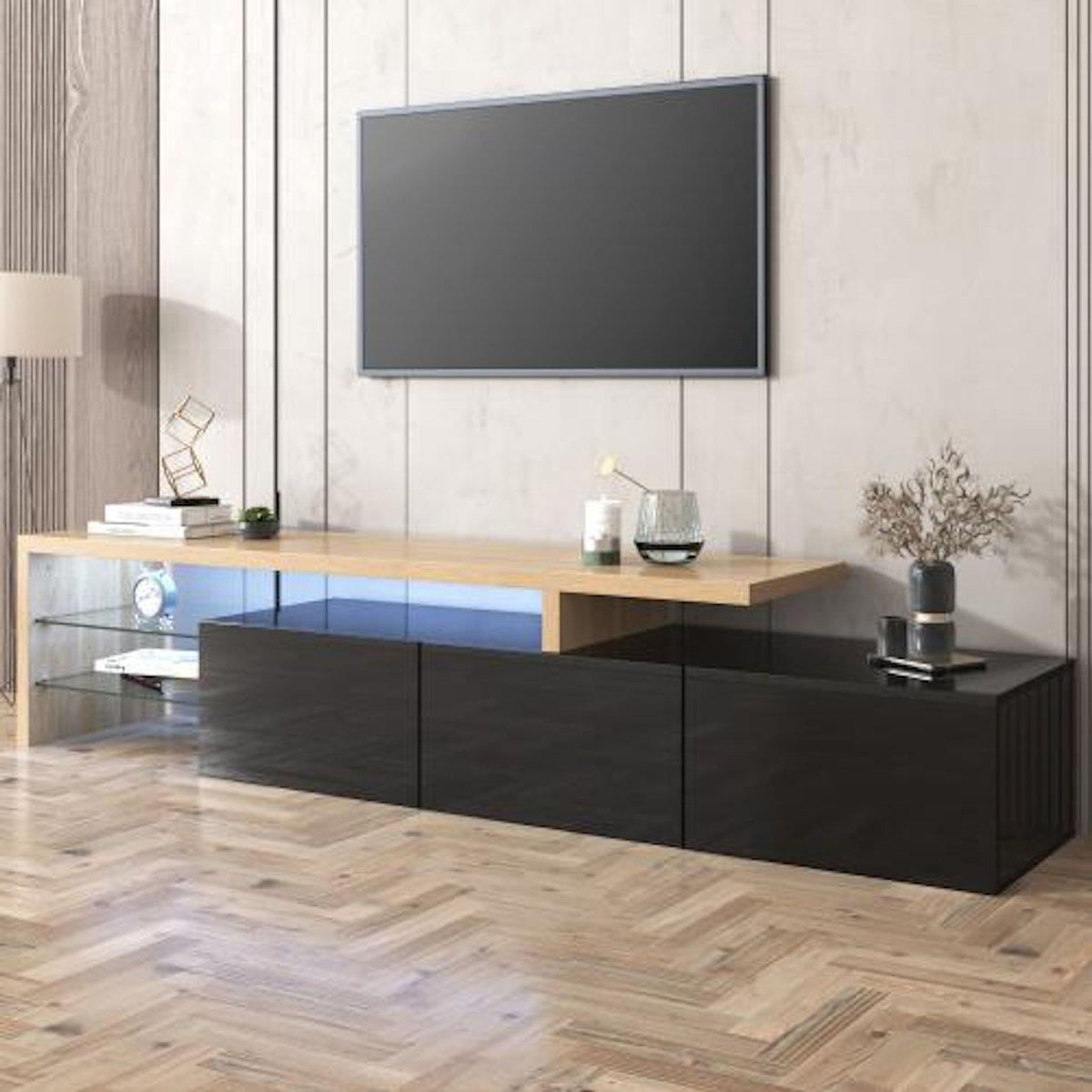 MERAX Meuble tv noir 197,5 cm led mdf